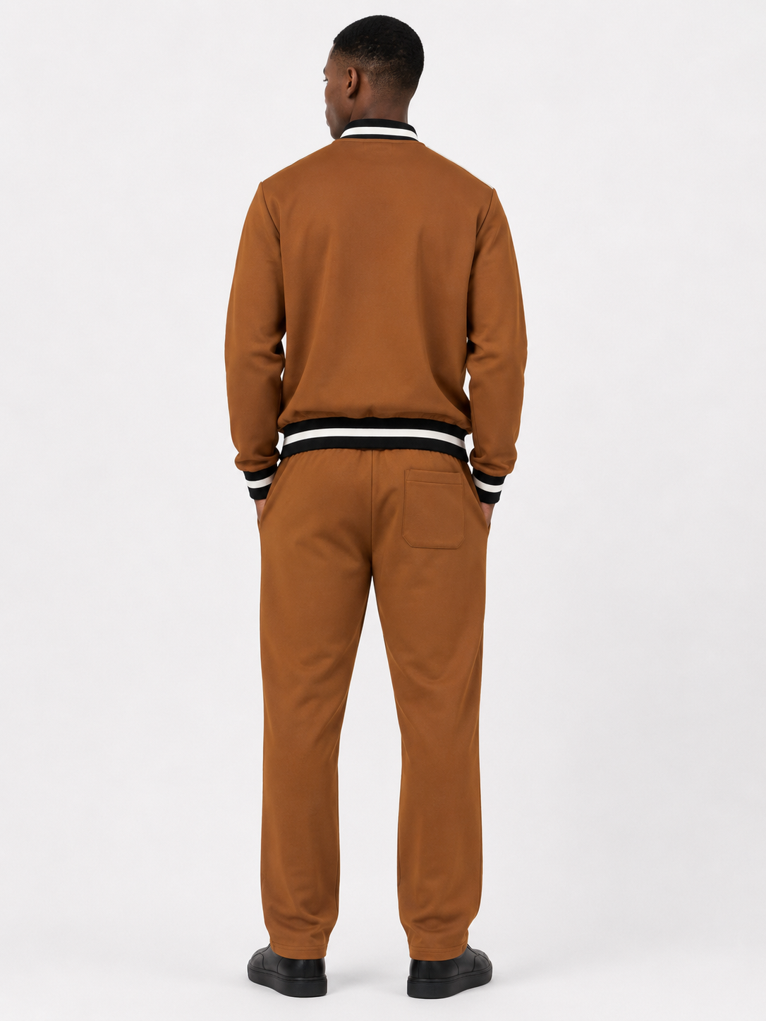 Classic Cotton Tracksuit Set with Black and White Collar - Brown