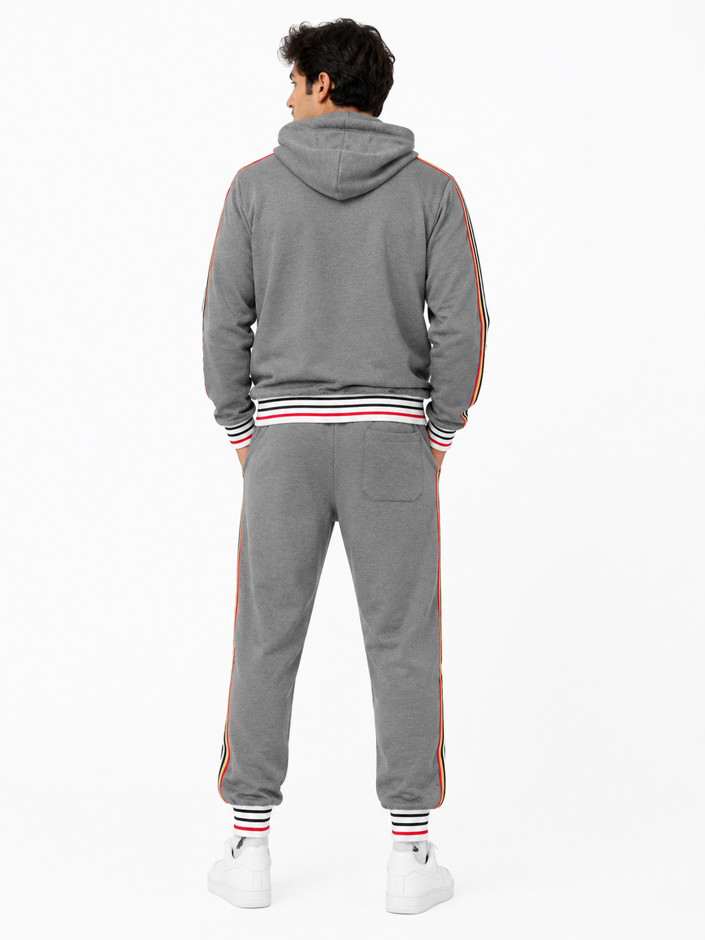 Hoodie Tracksuit Set with Tricolor Stripes - Grey