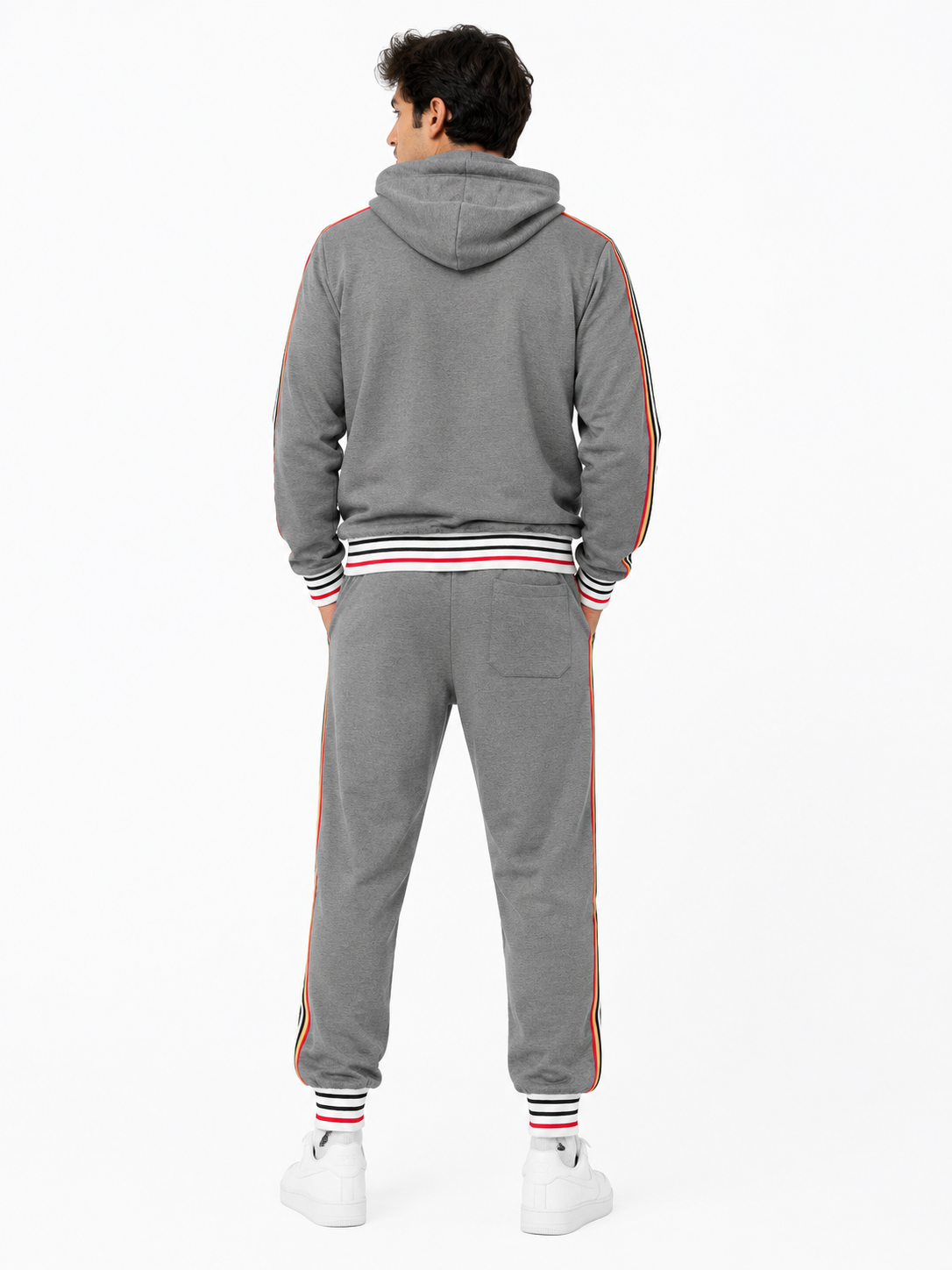 Hoodie Tracksuit Set with Tricolor Stripes - Grey