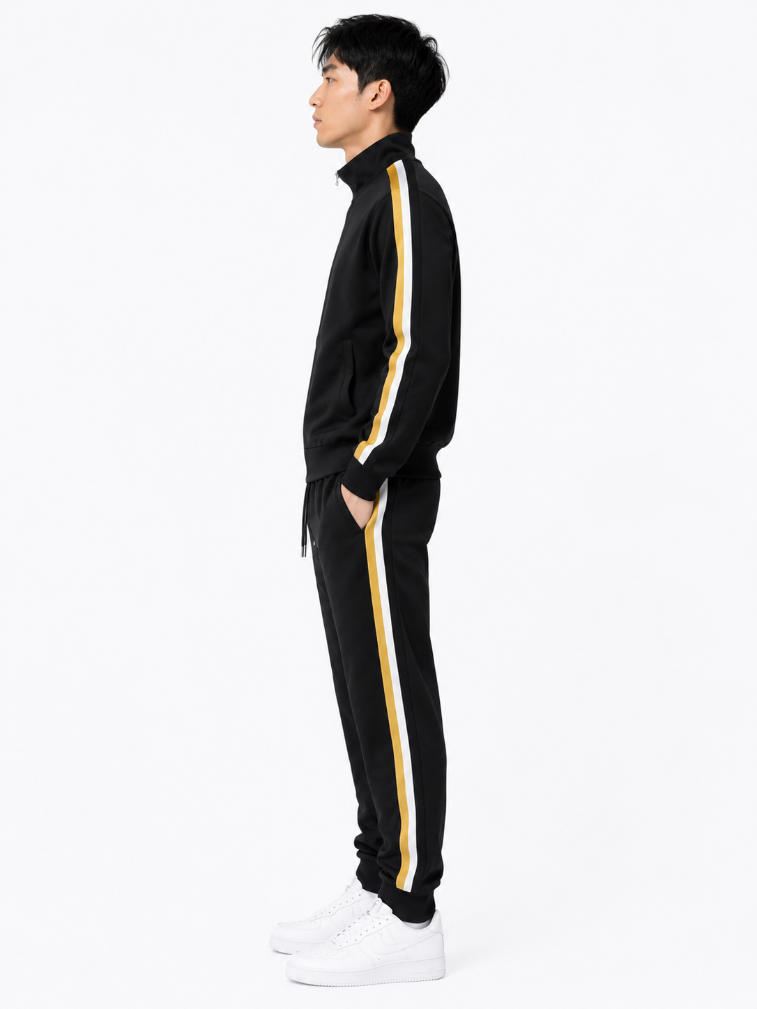 Tracksuit Set with Beige and White Side Stripes - Black