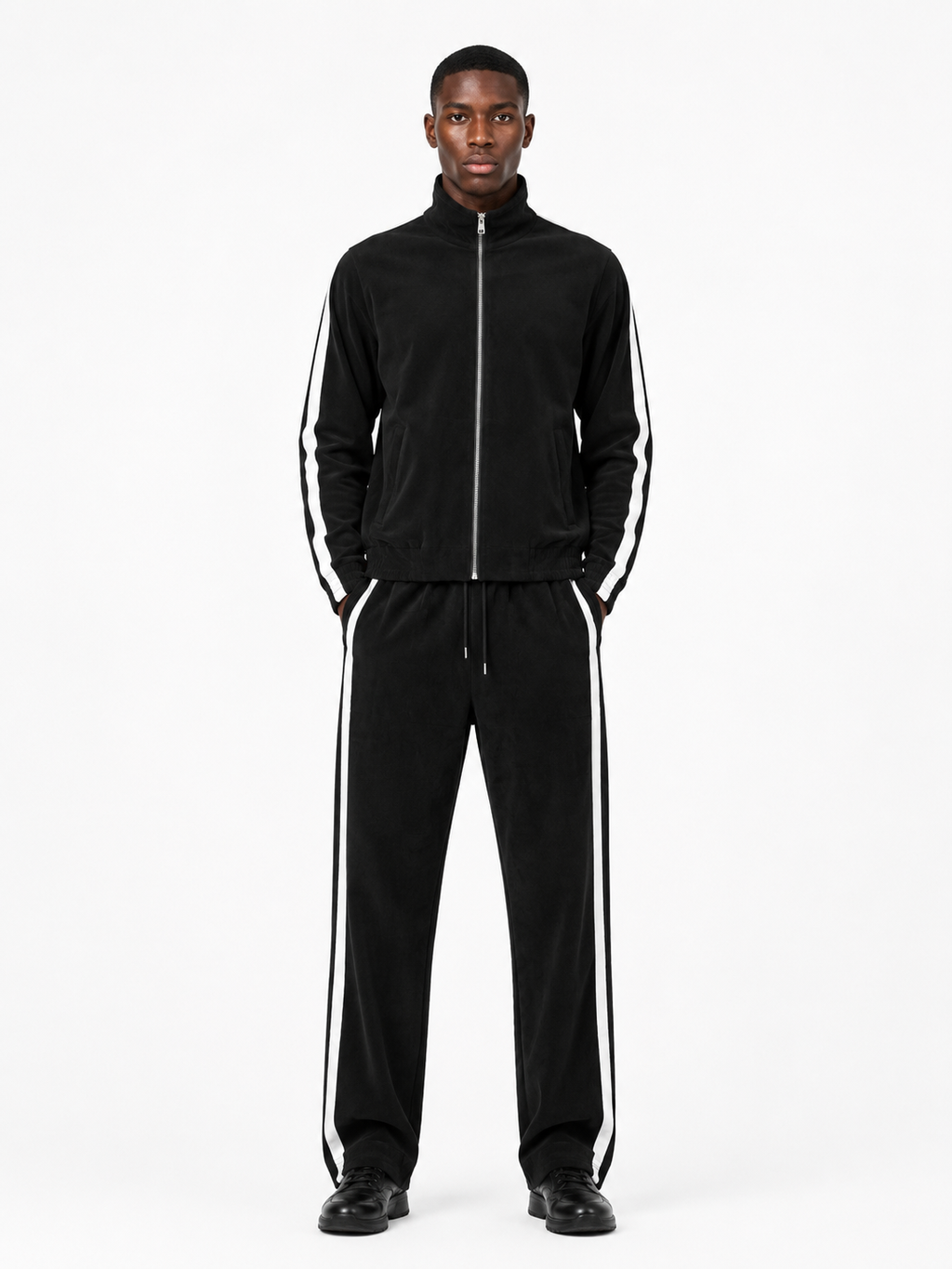 Corduroy Striped Tracksuit Set - Black
