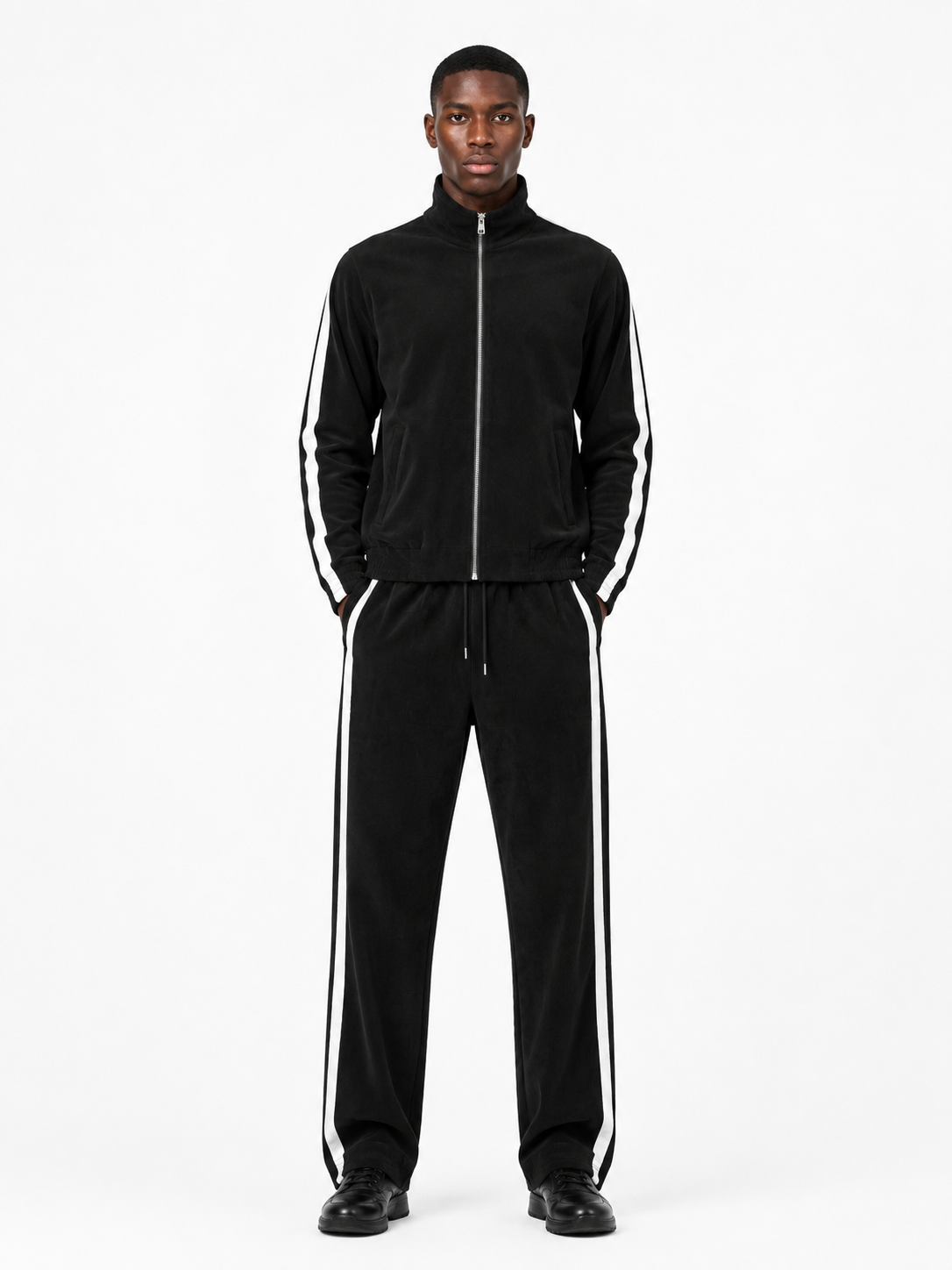 Corduroy Striped Tracksuit Set - Black