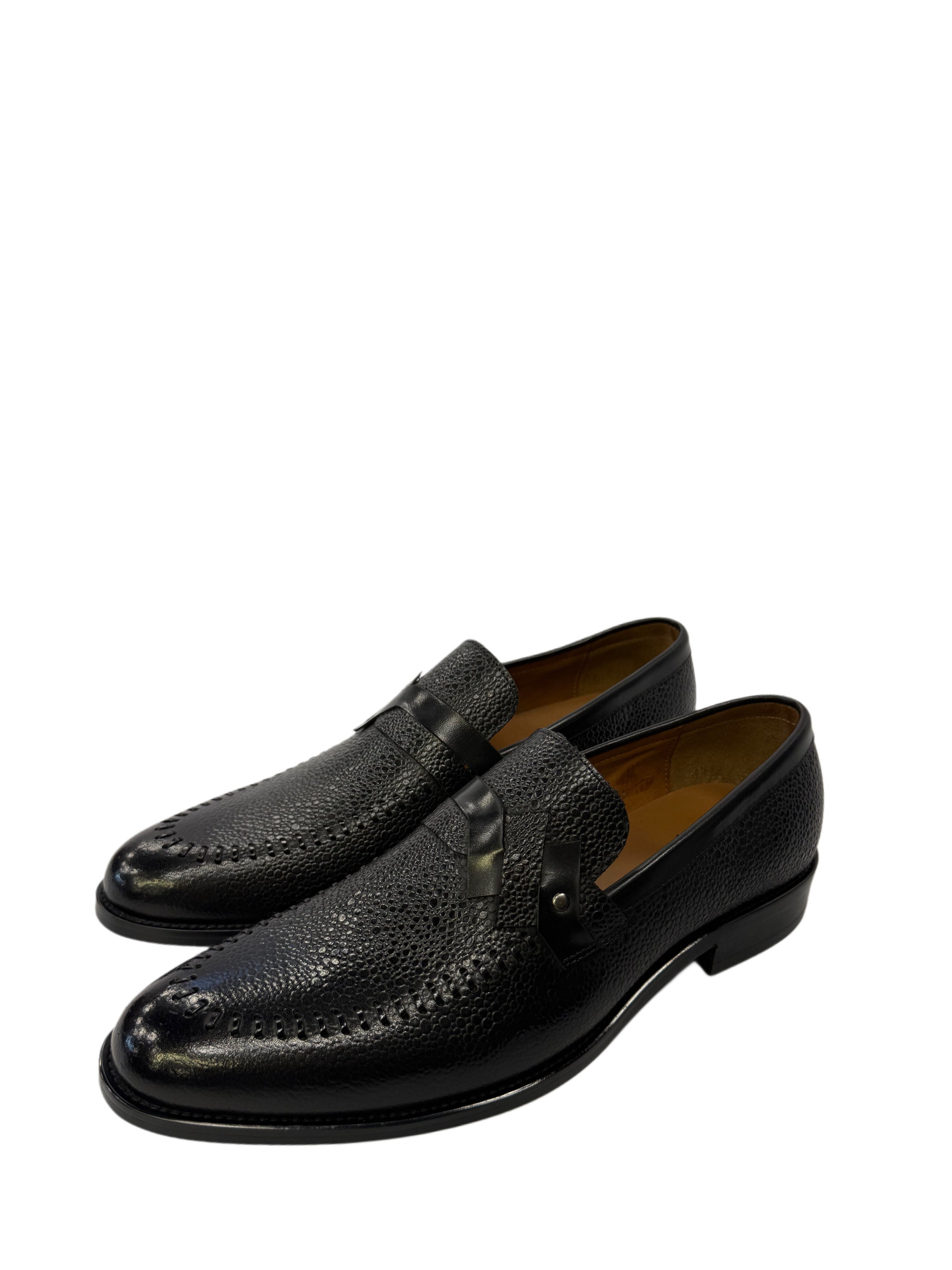 Genuine Leather Pebbled Strap Loafers - Black