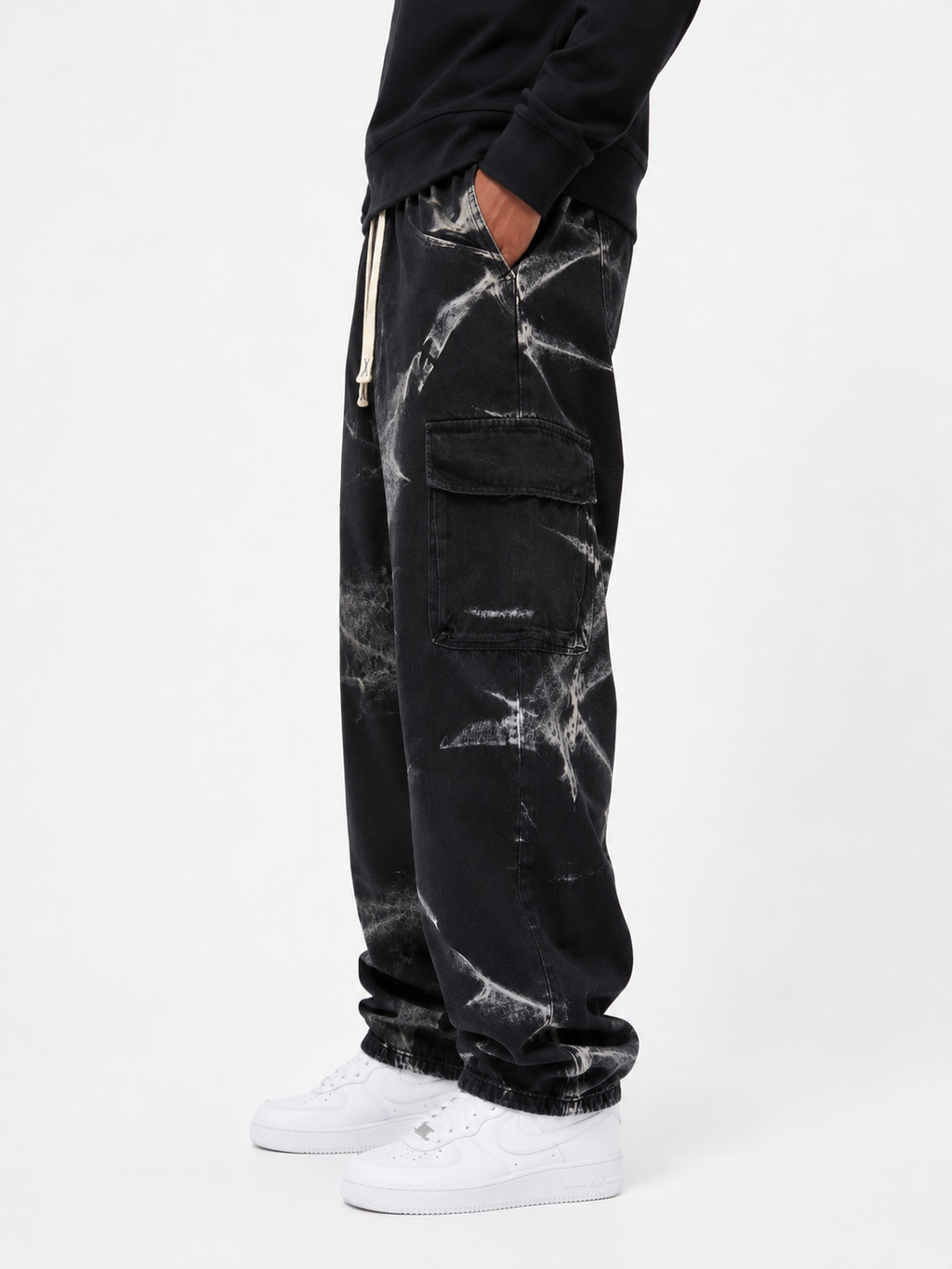 Faded Cargo Denim Jeans with Drawstring Waist - Black and White