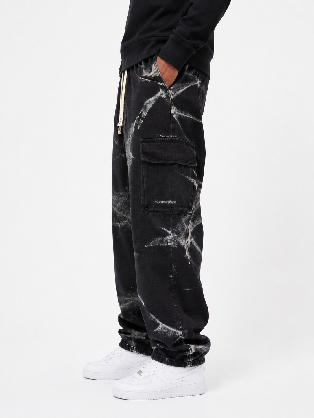 Faded Cargo Denim Jeans with Drawstring Waist - Black and White