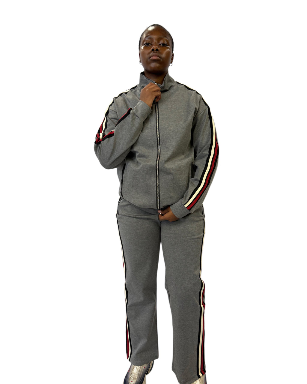 FW Tracksuit Two Piece with Red & White Stripes-Grey