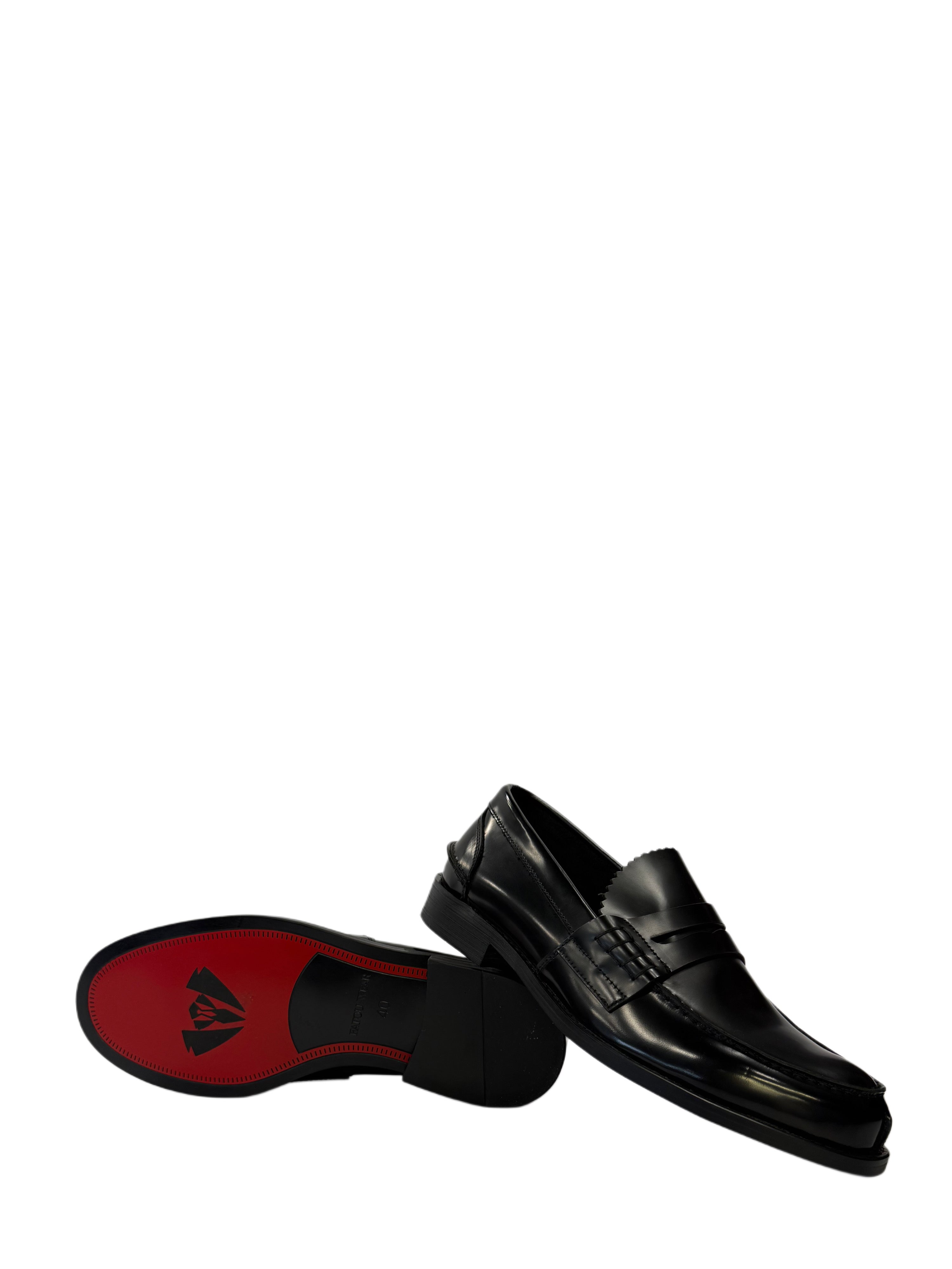 Premium Black Leather Penny Loafers (Red Bottom) - Black