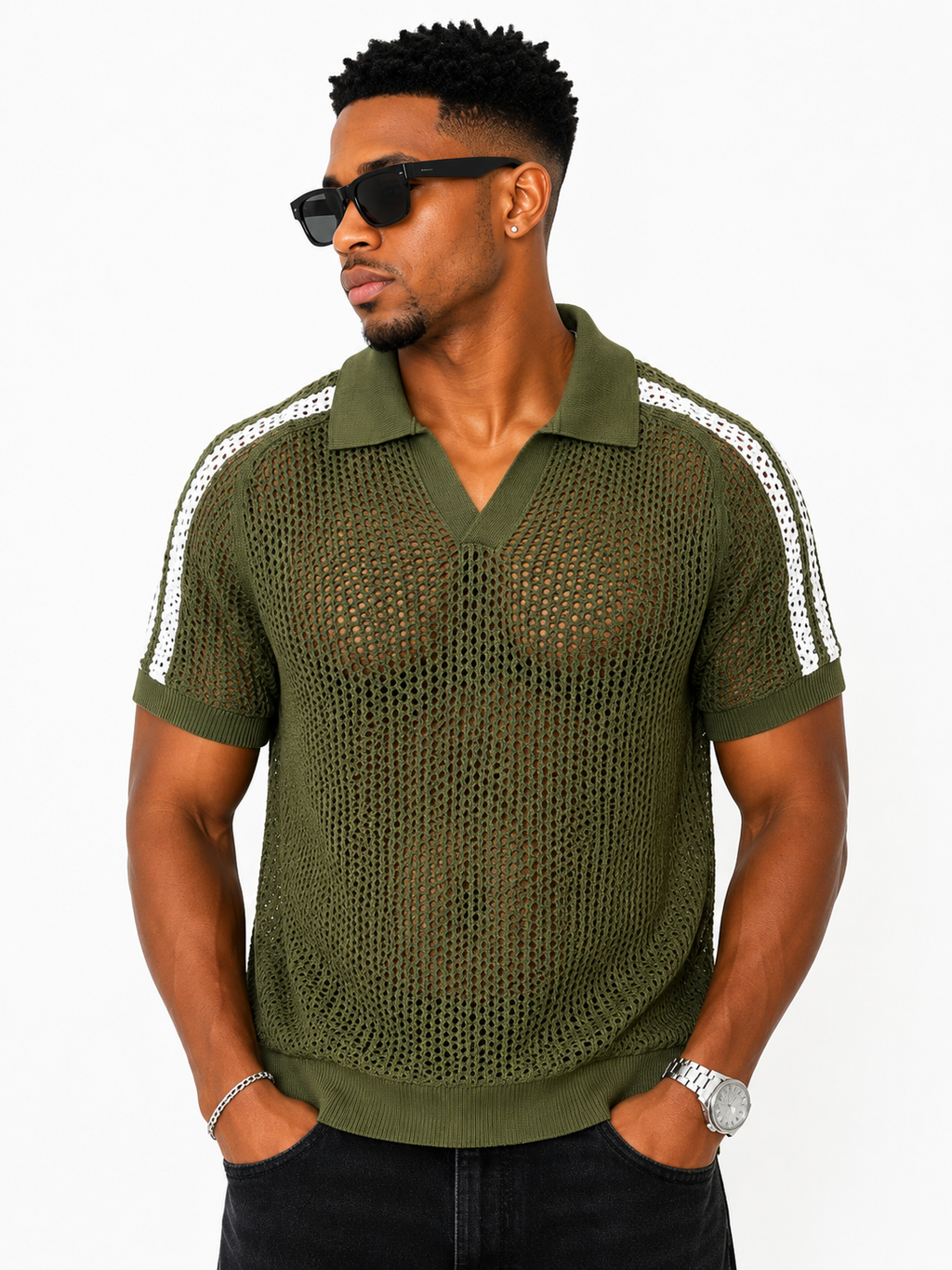 Men Open-Knit Stripe Polo Shirt – Green