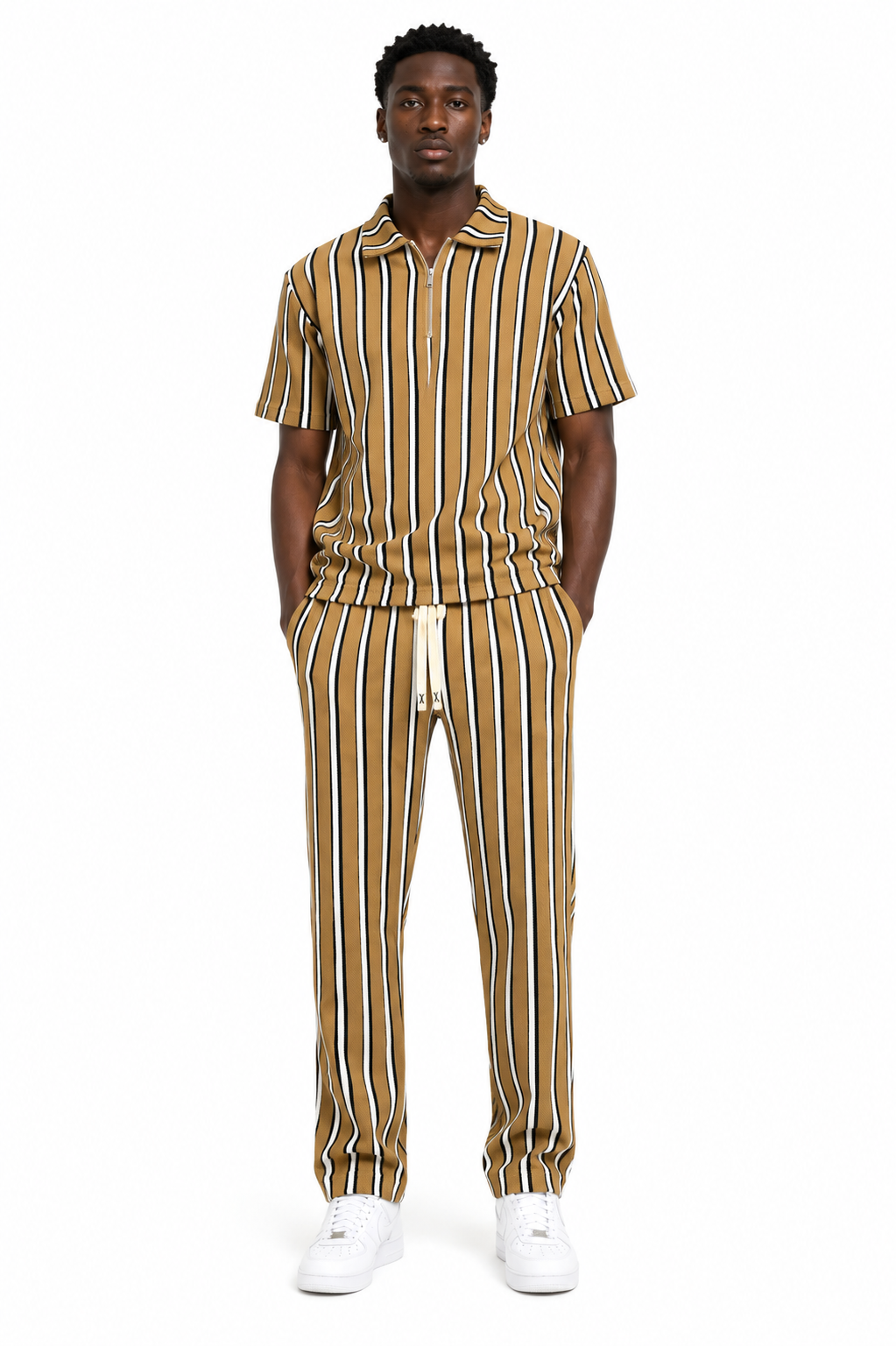 Unisex Bold Stripe Knit Co-Ord Set – Camel Yellow