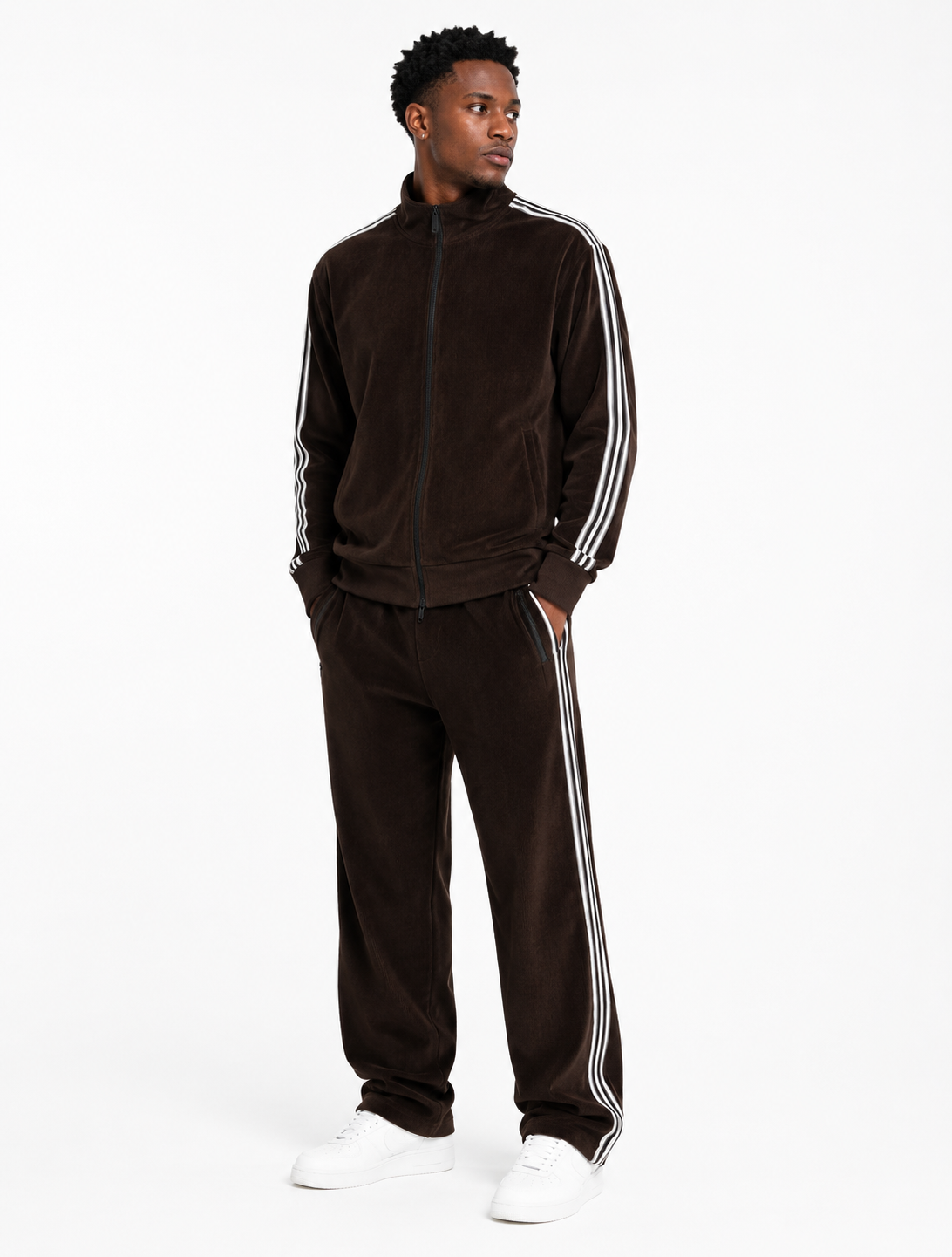 Velour Stripe Track Co-Ord Set in Chocolate Brown – front view