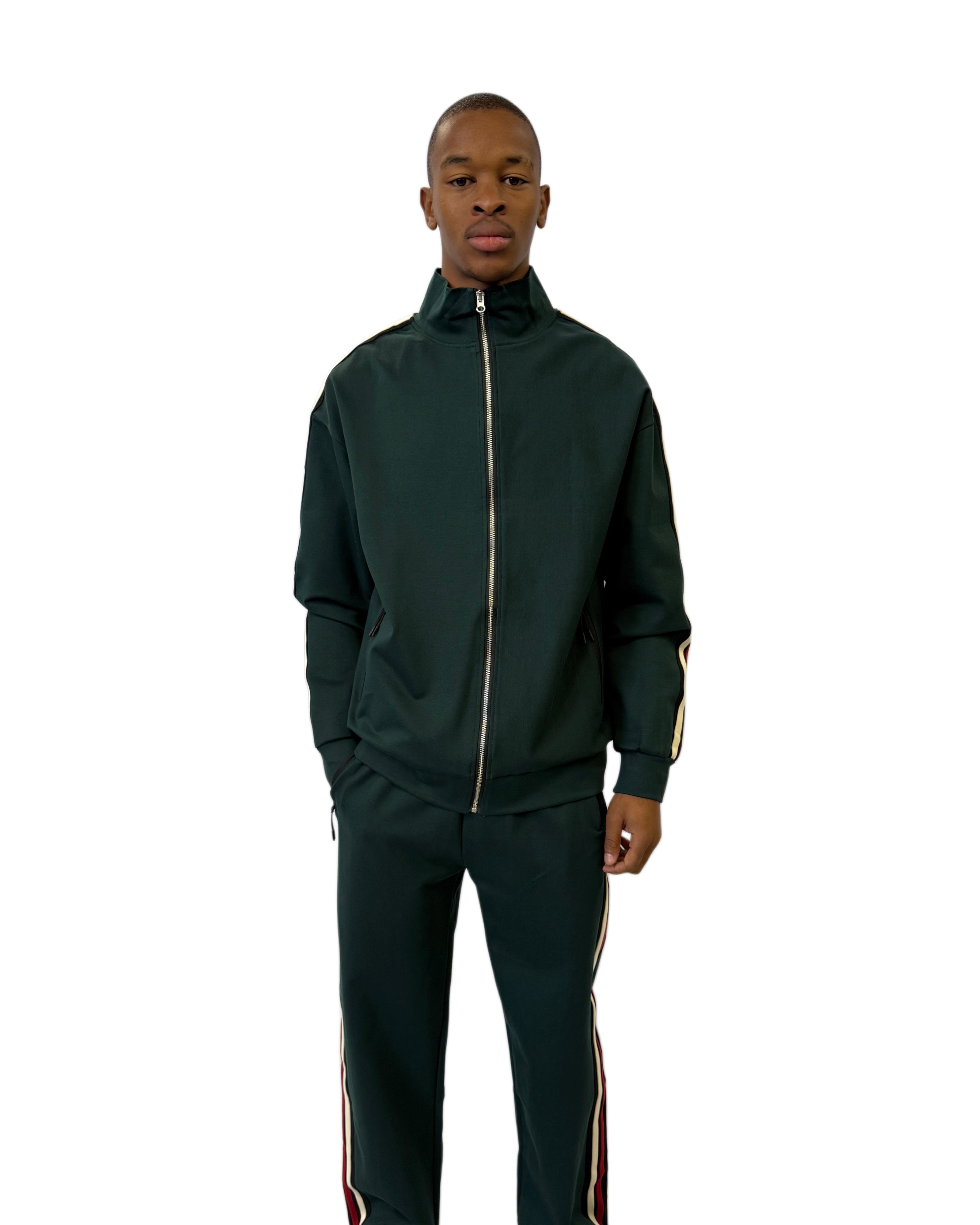FW Tracksuit Two Piece with Red & White Stripes- Dark Green