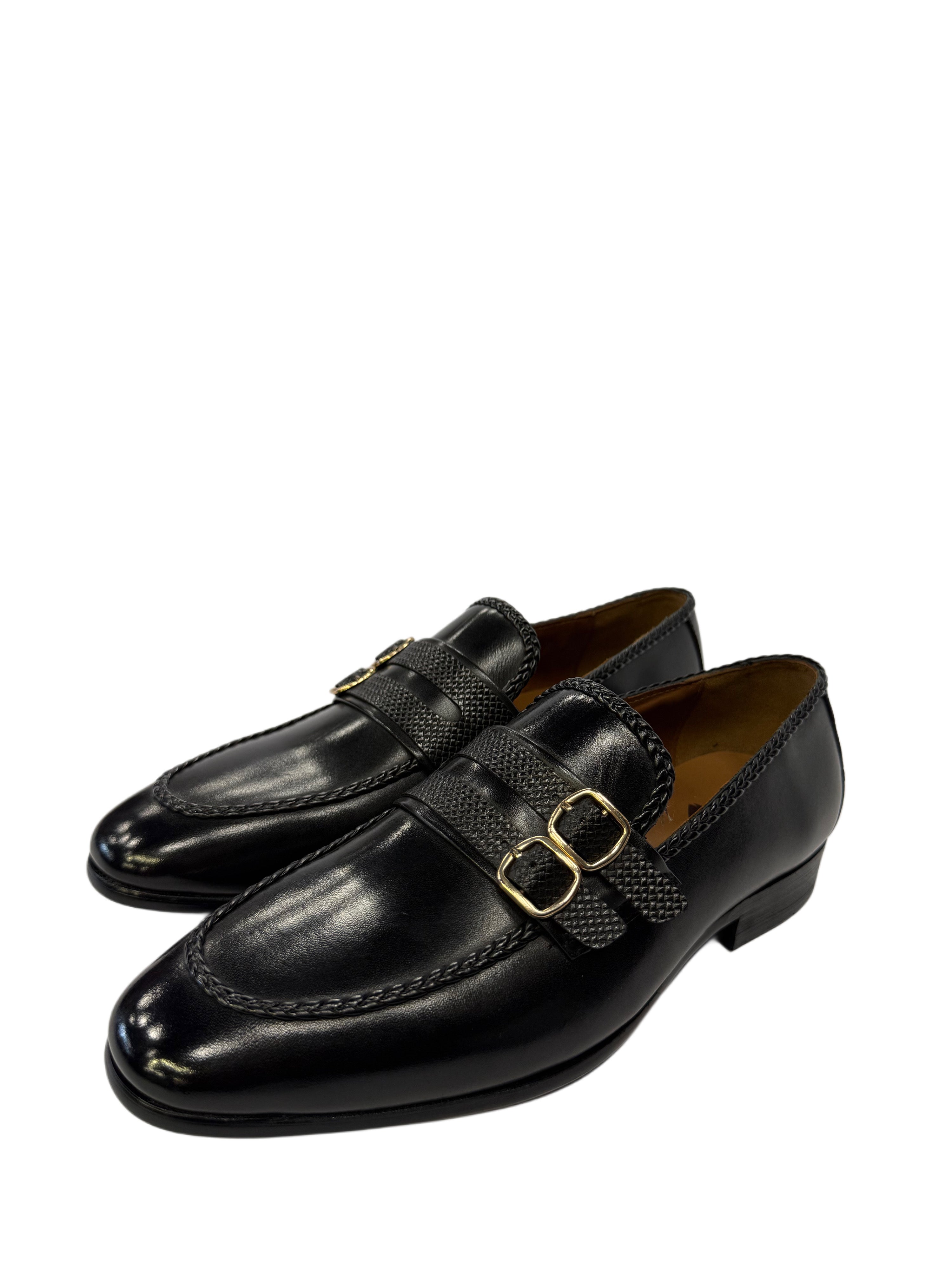Double Monk Strap Leather Loafers - Black
