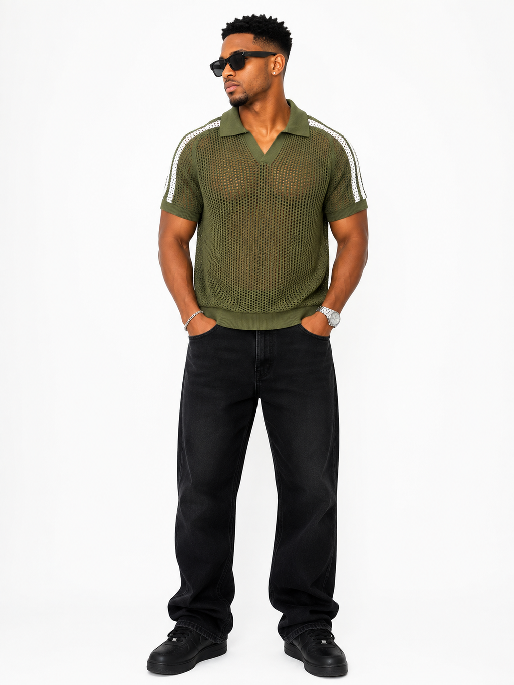 Men Open-Knit Stripe Polo Shirt – Green