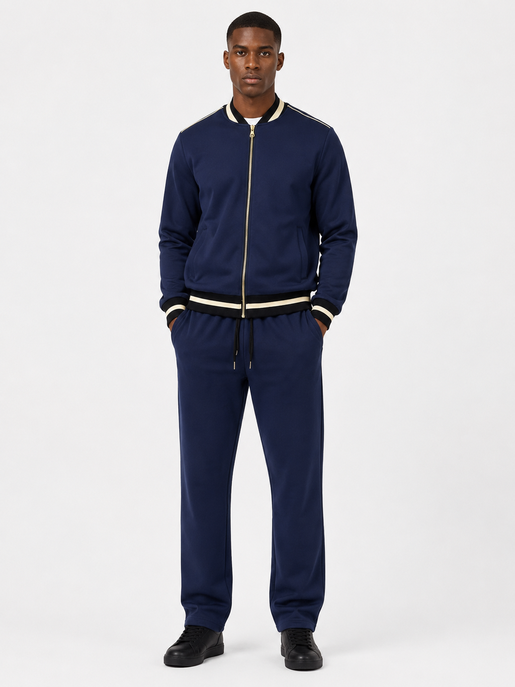 Classic Cotton Tracksuit Set with Black and White Collar - Navy