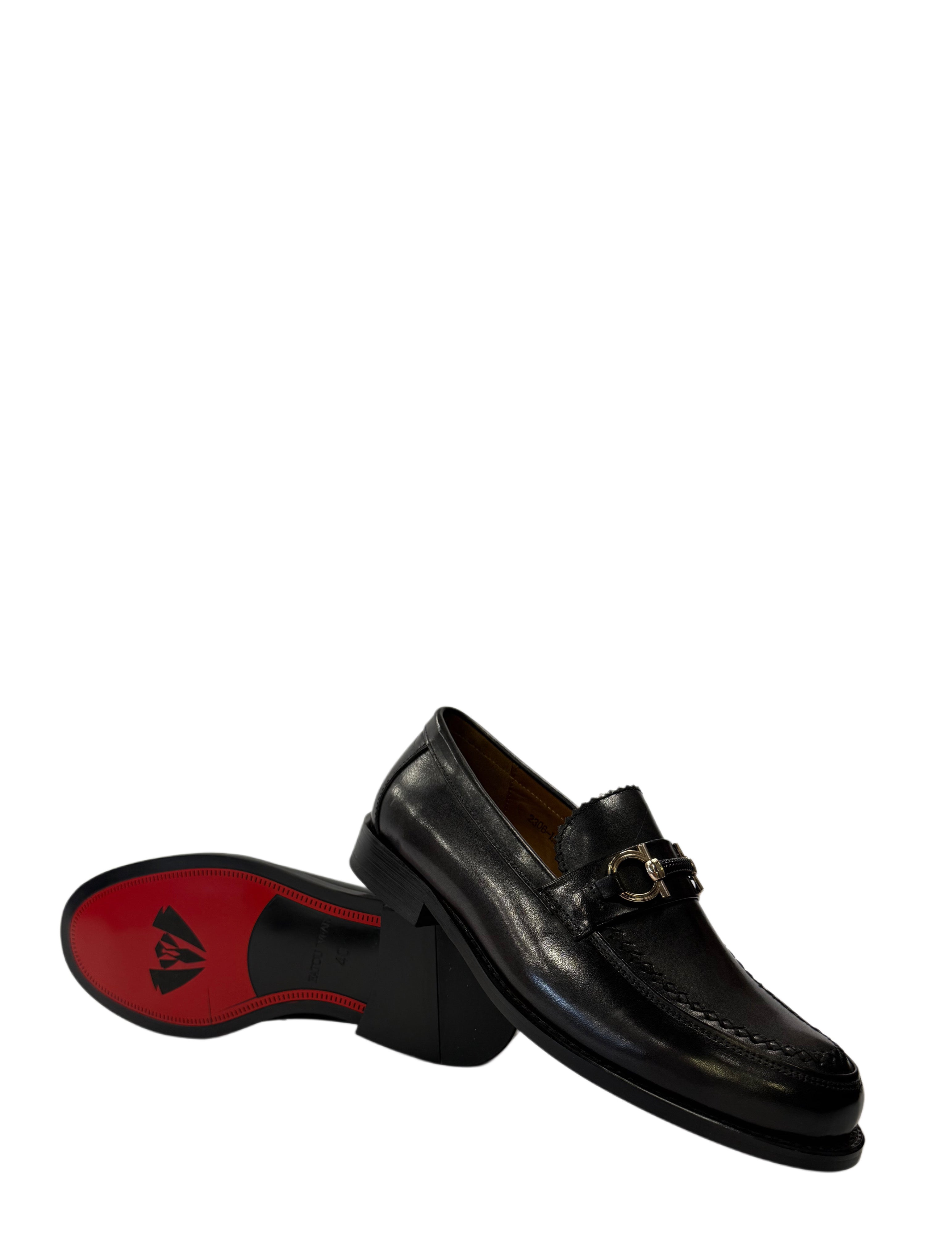 Genuine Leather Horsebit Loafers (Red Bottom) - Black
