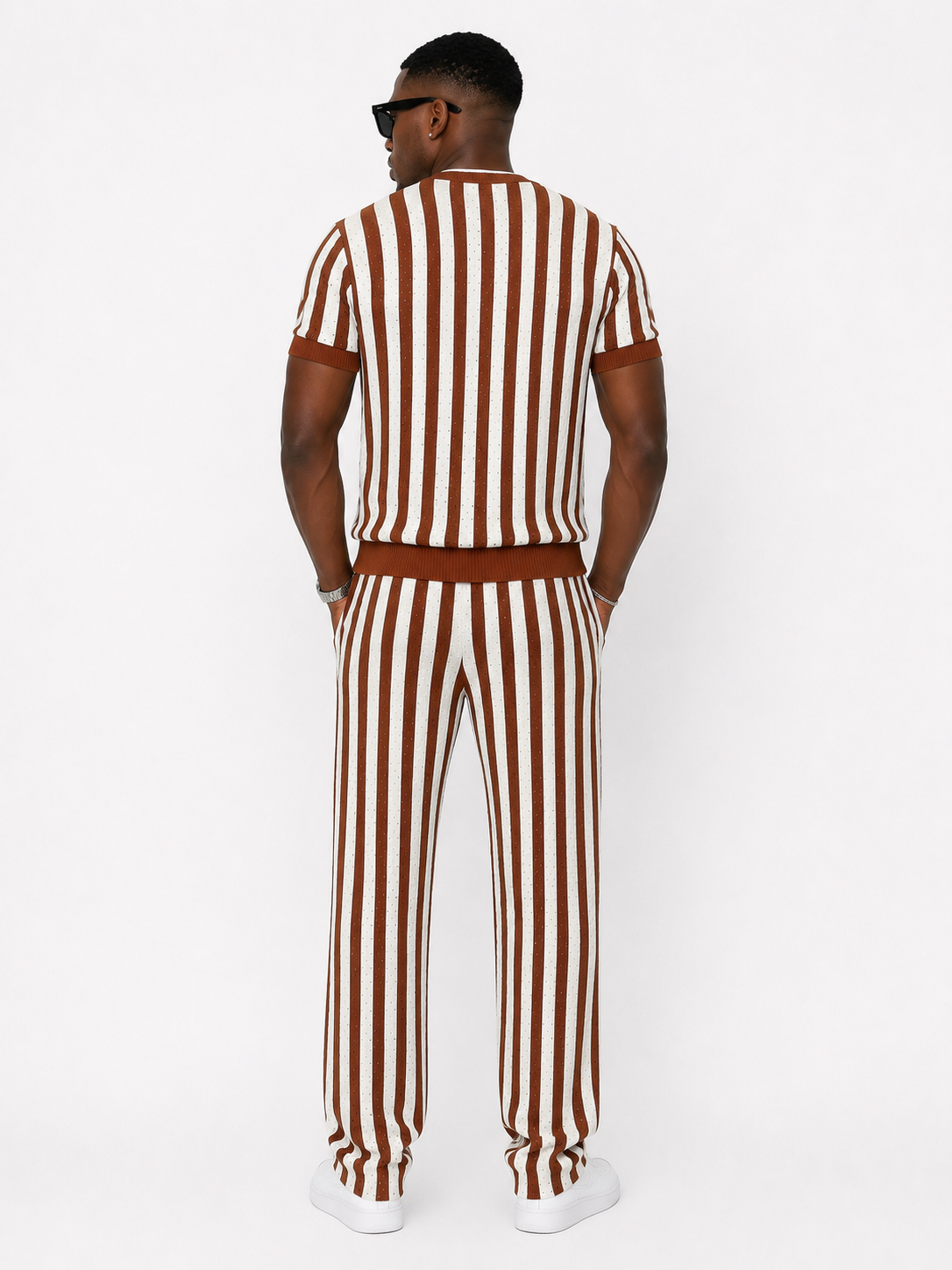 Open-Knit Stripe Co-Ord Set – Rust Brown