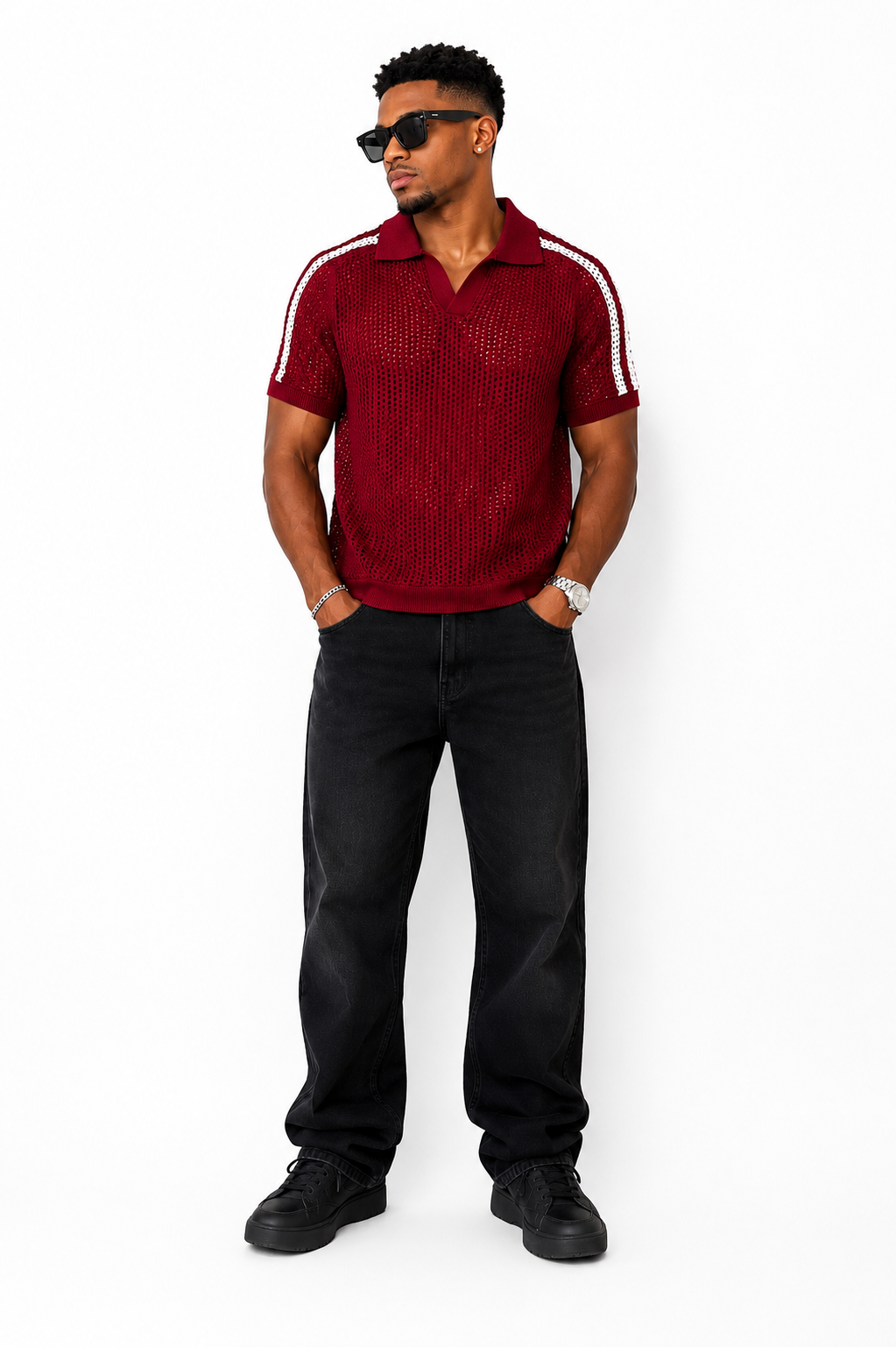 Men Open-Knit Stripe Polo Shirt – Burgundy
