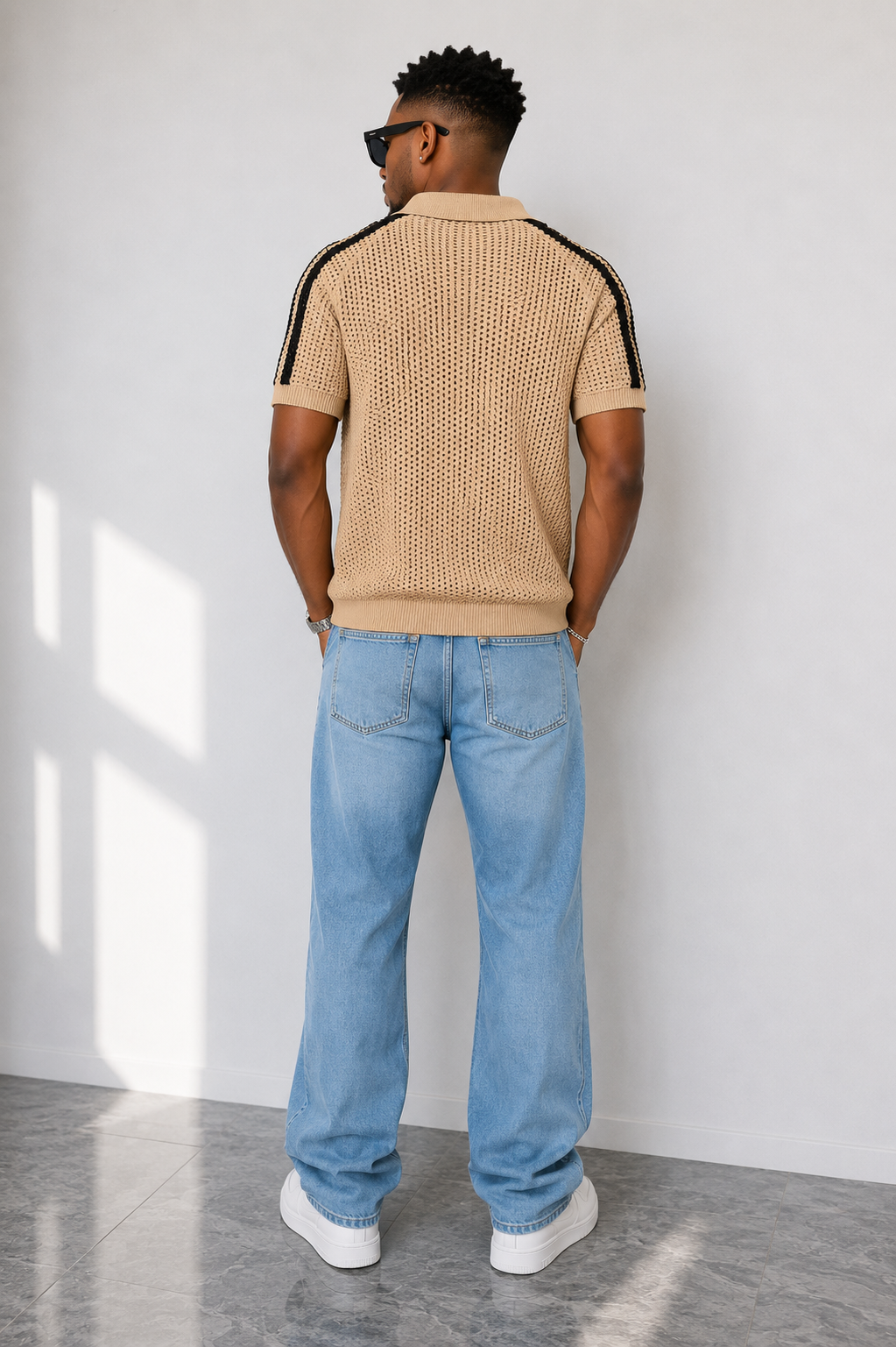 Men Open-Knit Stripe Polo Shirt – Beige