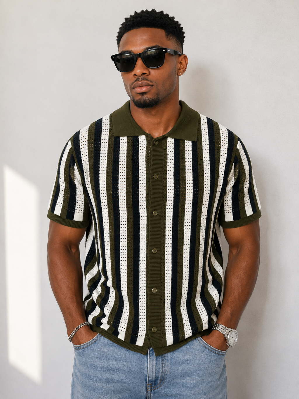 Men Open-Knit Stripe Button-Up Polo – Olive Green