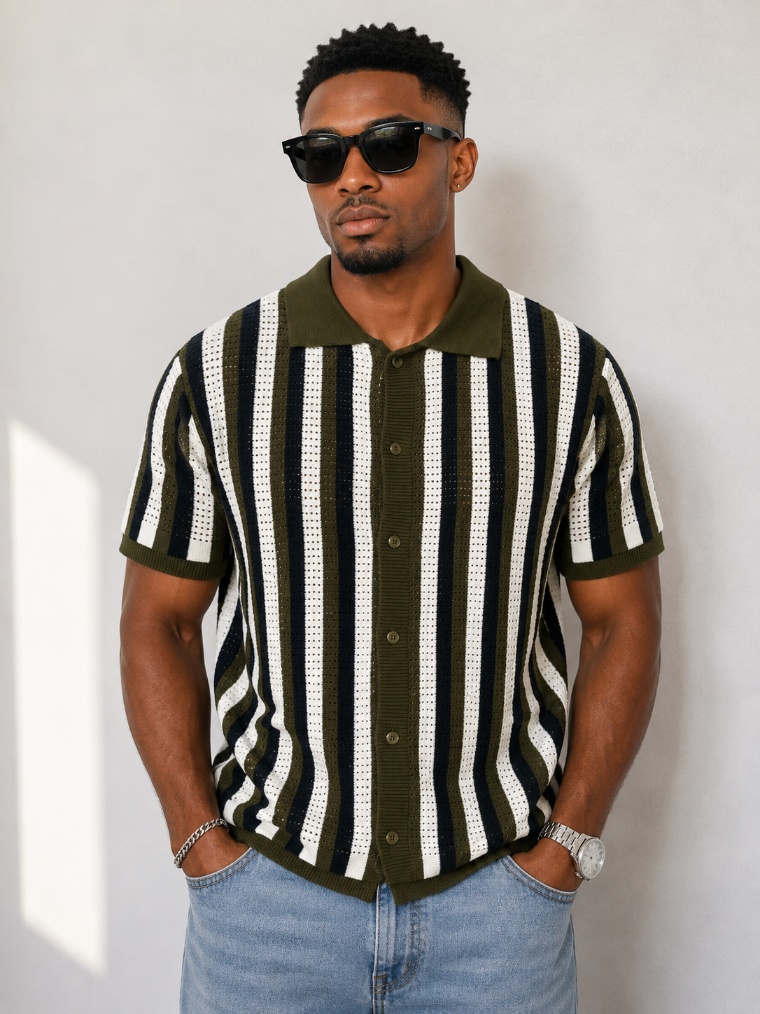 Men Open-Knit Stripe Button-Up Polo – Olive Green