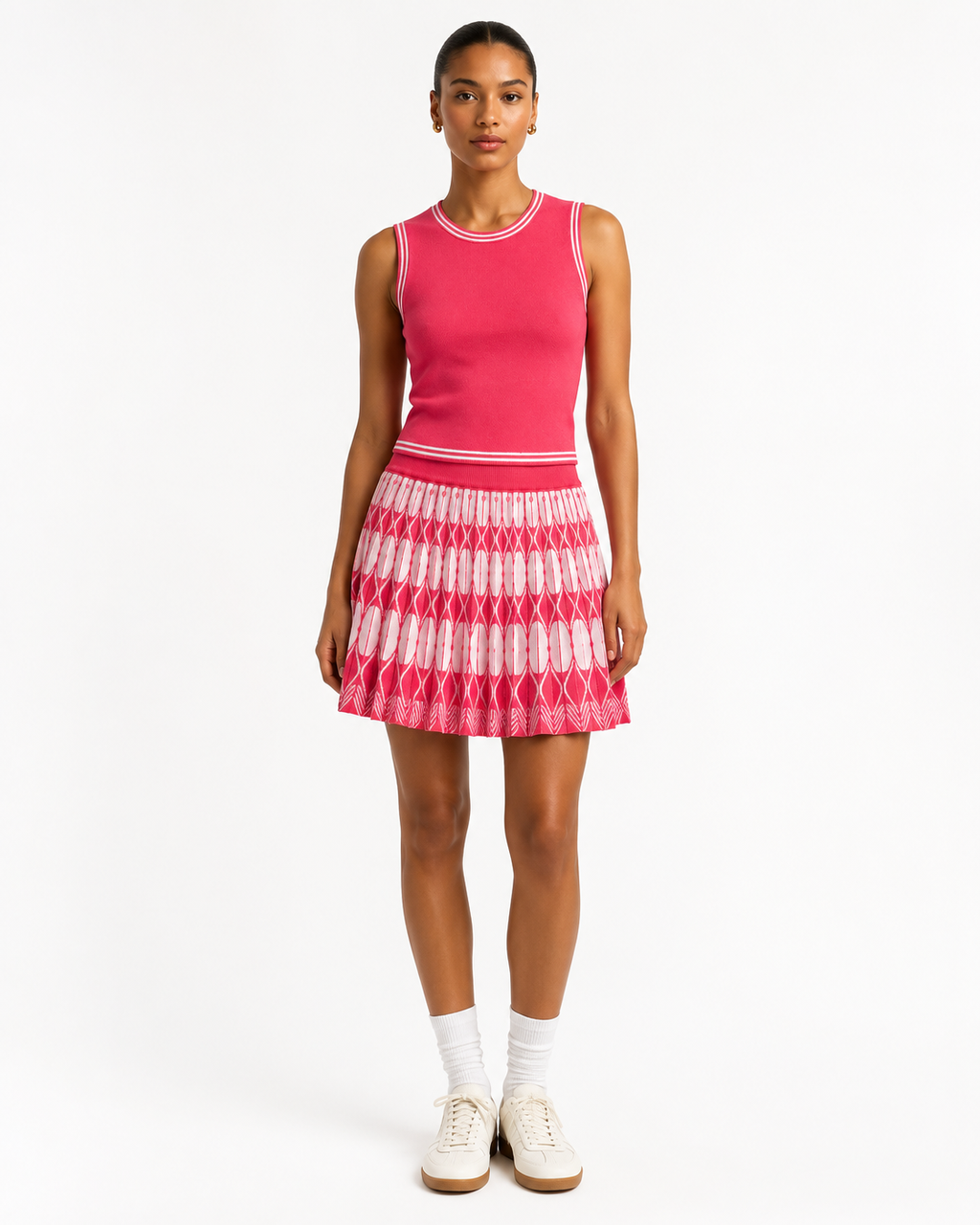 Knit Sleeveless Top & Pleated Skirt Set One Size Stretchable - Pink