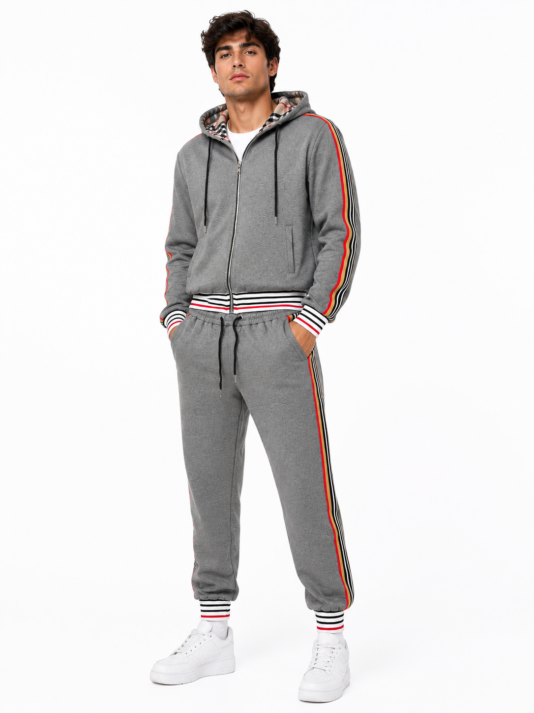 Hoodie Tracksuit Set with Tricolor Stripes - Grey