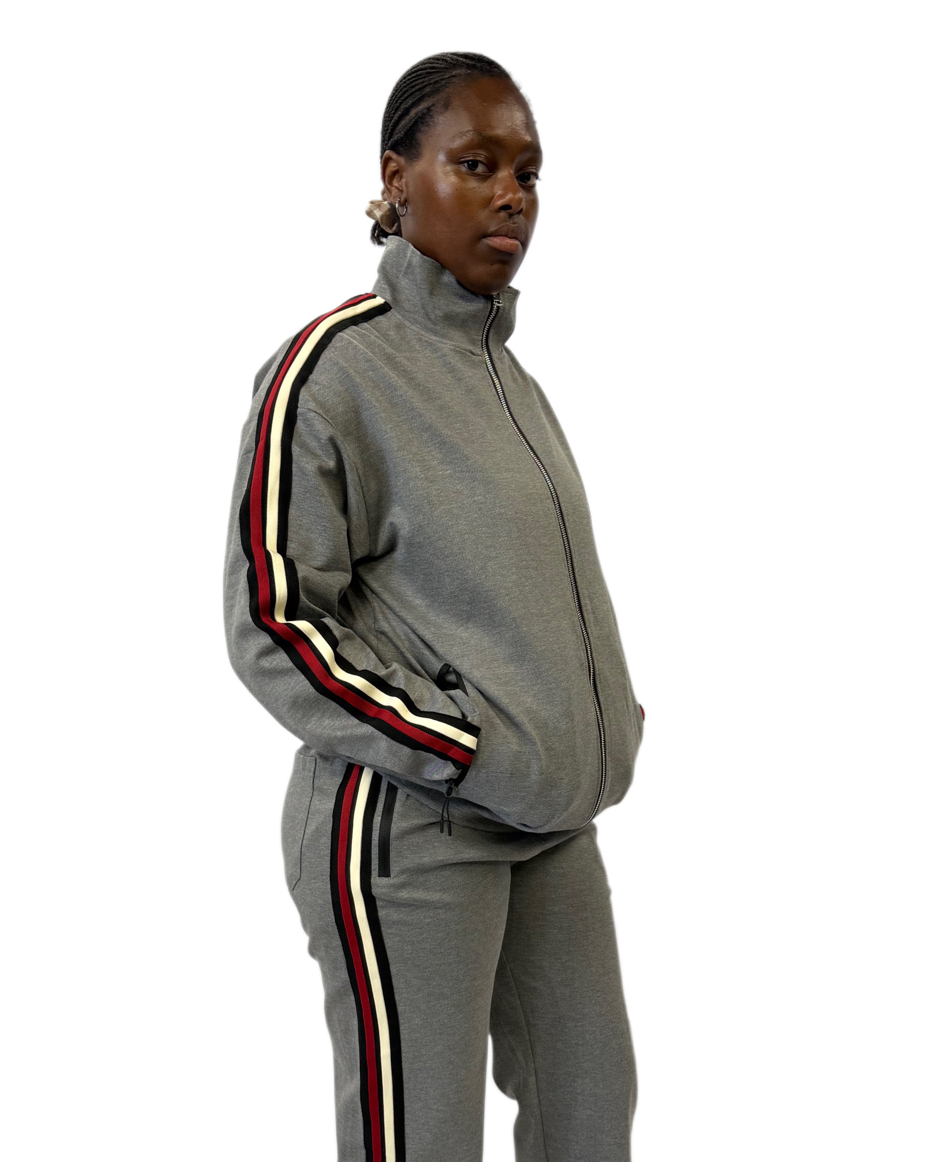FW Tracksuit Two Piece with Red & White Stripes-Grey