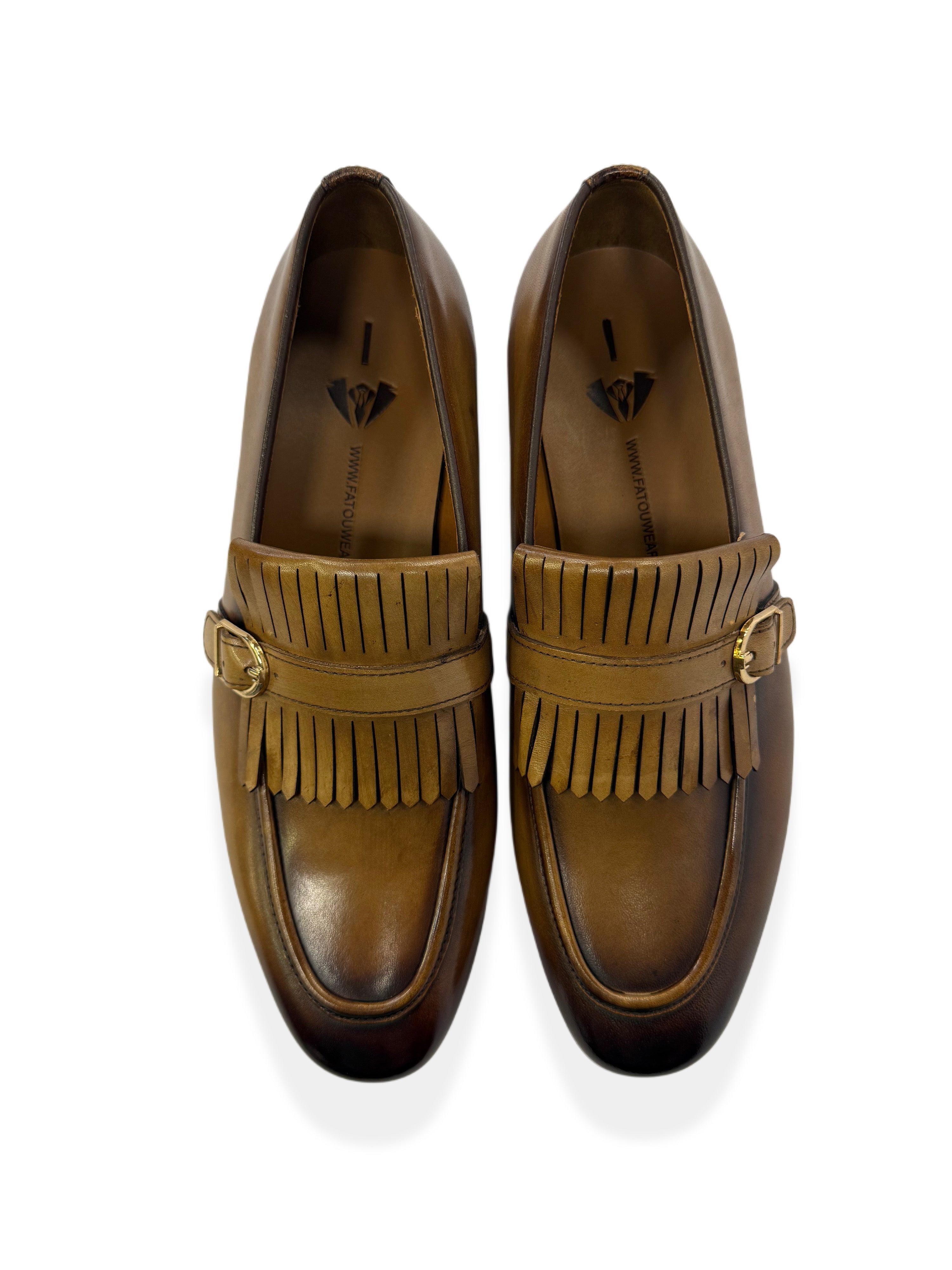 Genuine Leather Buckle Fringe Loafers - L.Brown