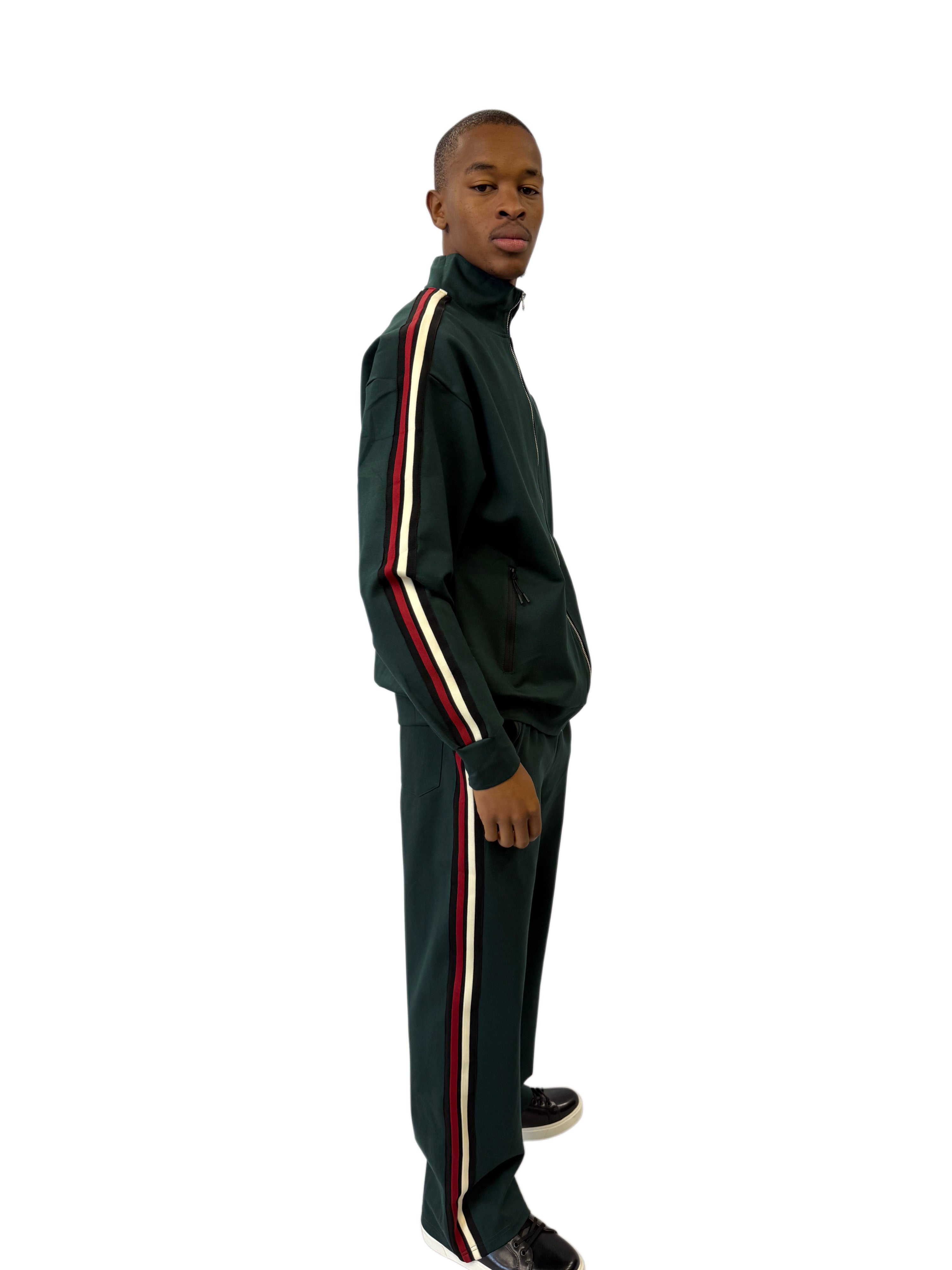 FW Tracksuit Two Piece with Red & White Stripes- Dark Green