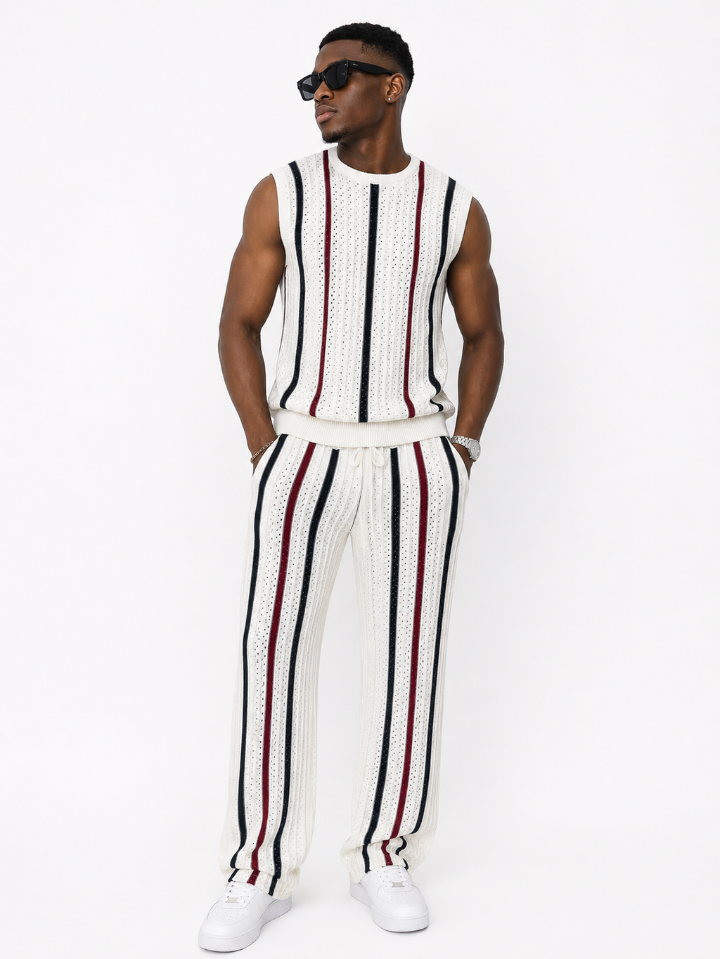 Men Open-Knit Stripe Co-Ord Set – White