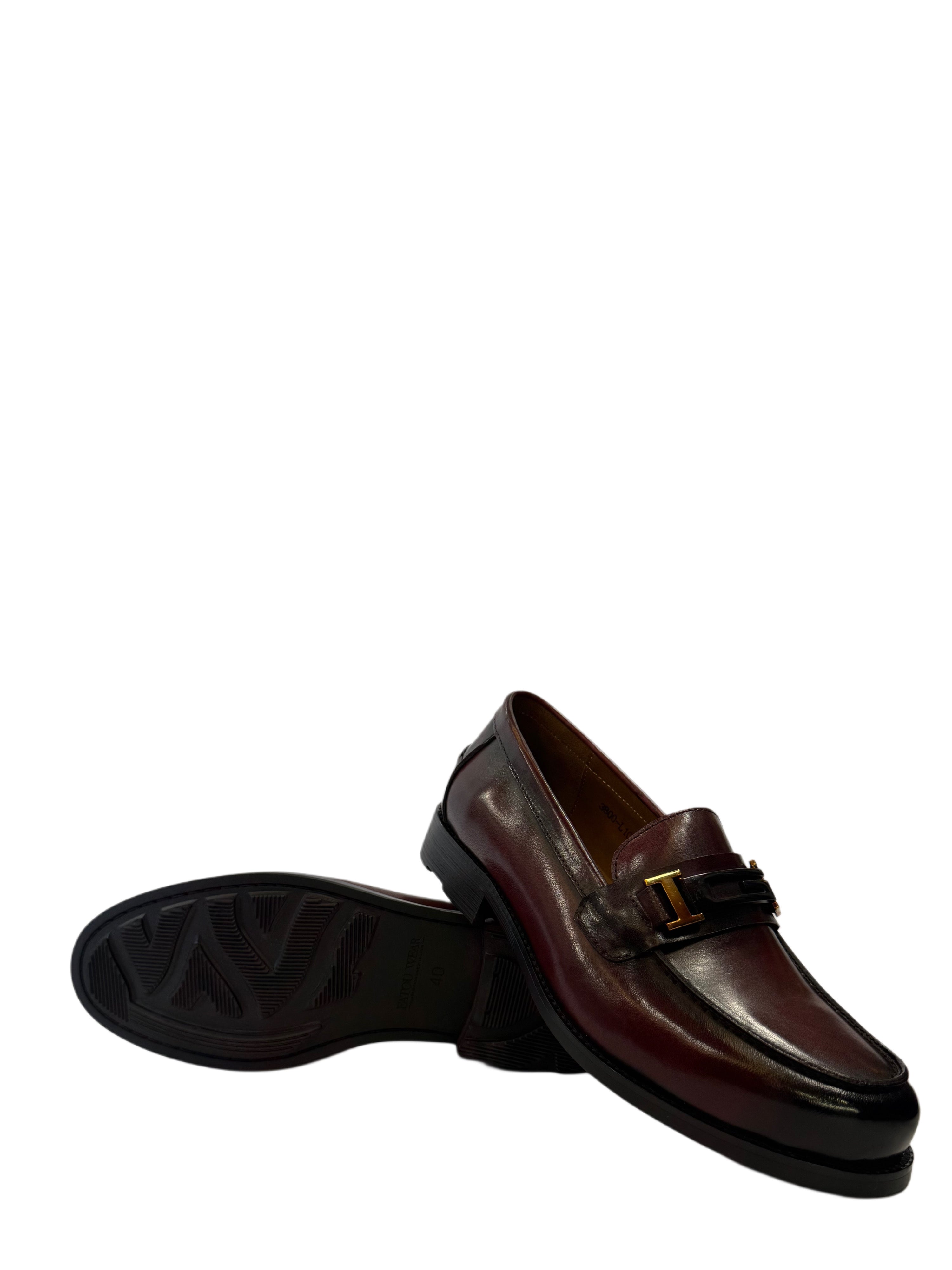 Leather Loafers with Gold Buckle - Wine