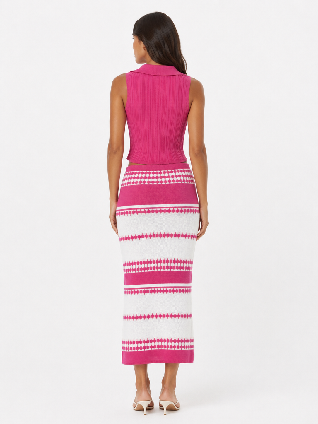 Two-Piece Set Sleeveless Top & Striped Skirt One Size - Pink