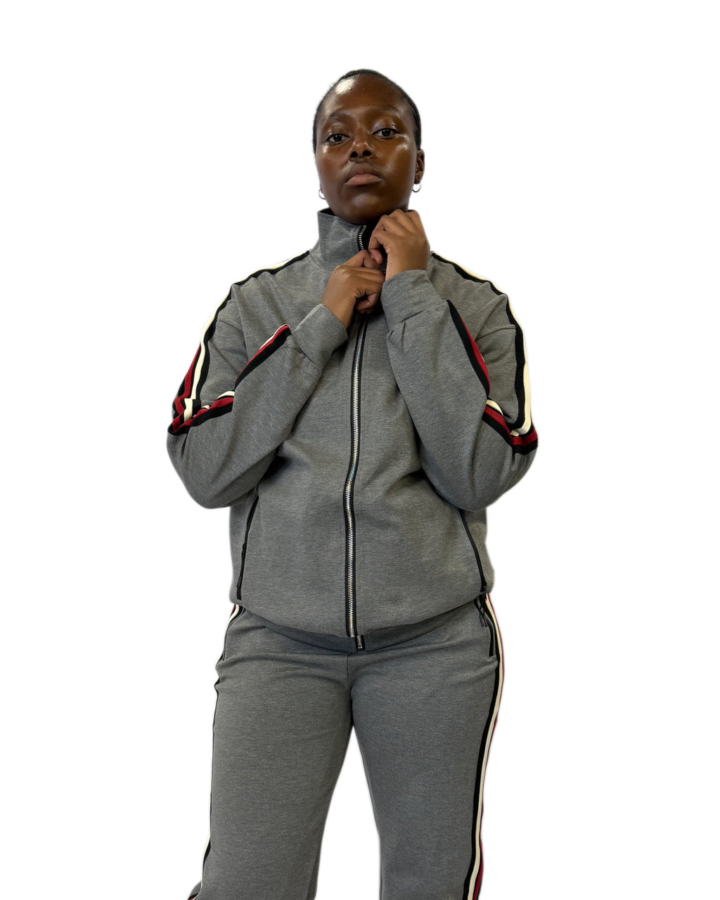 FW Tracksuit Two Piece with Red & White Stripes-Grey