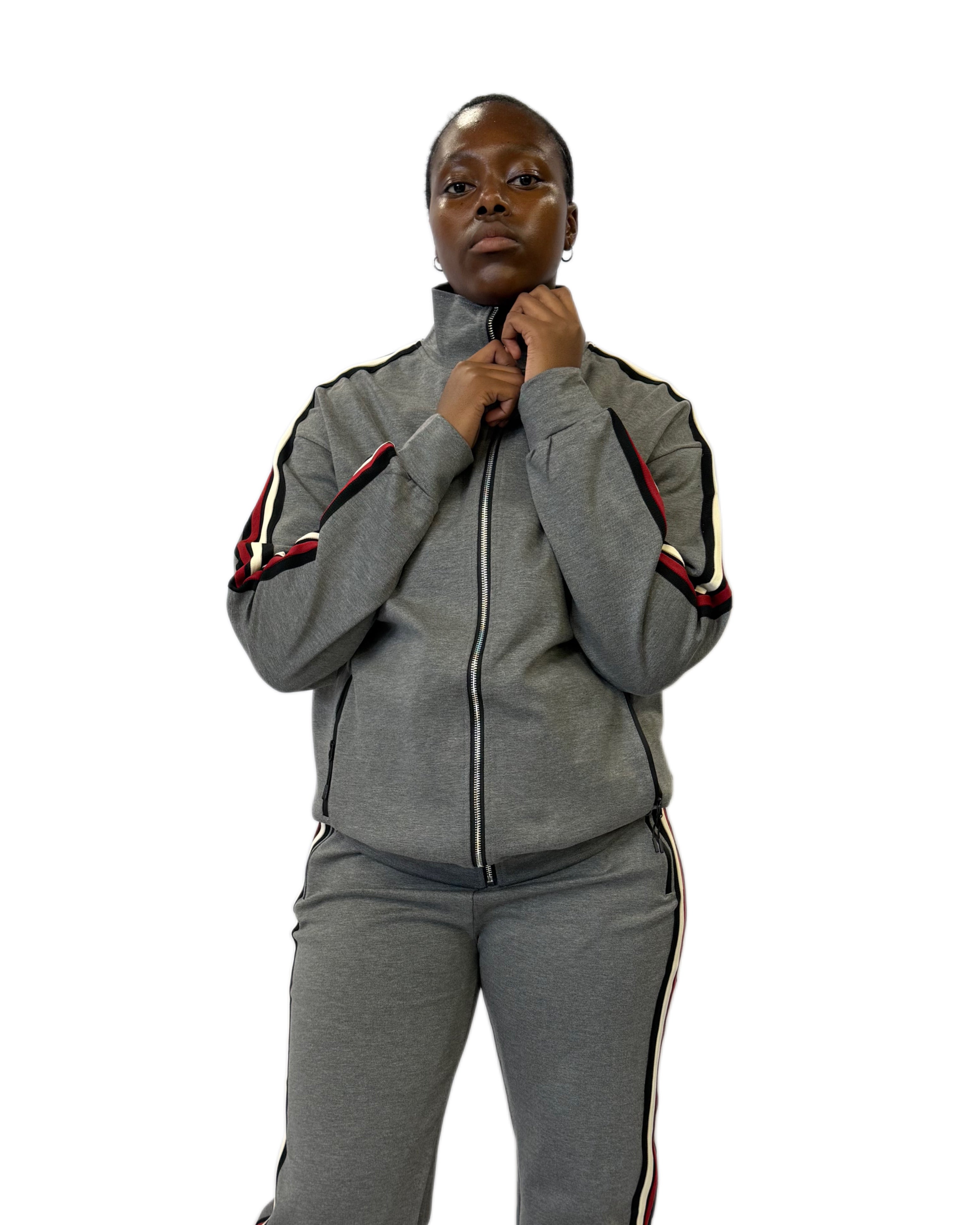 FW Tracksuit Two Piece with Red & White Stripes-Grey