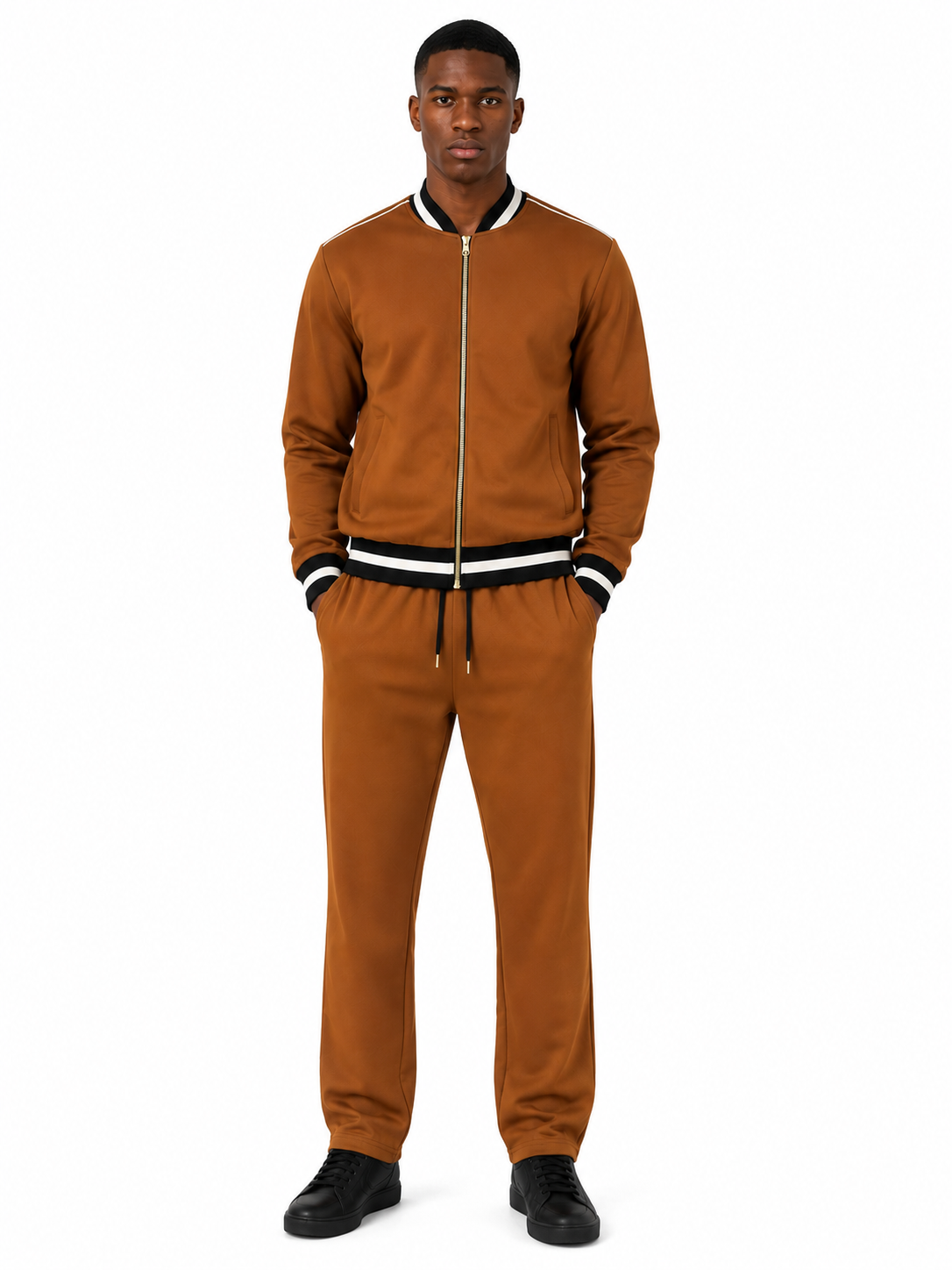 Classic Cotton Tracksuit Set with Black and White Collar - Brown