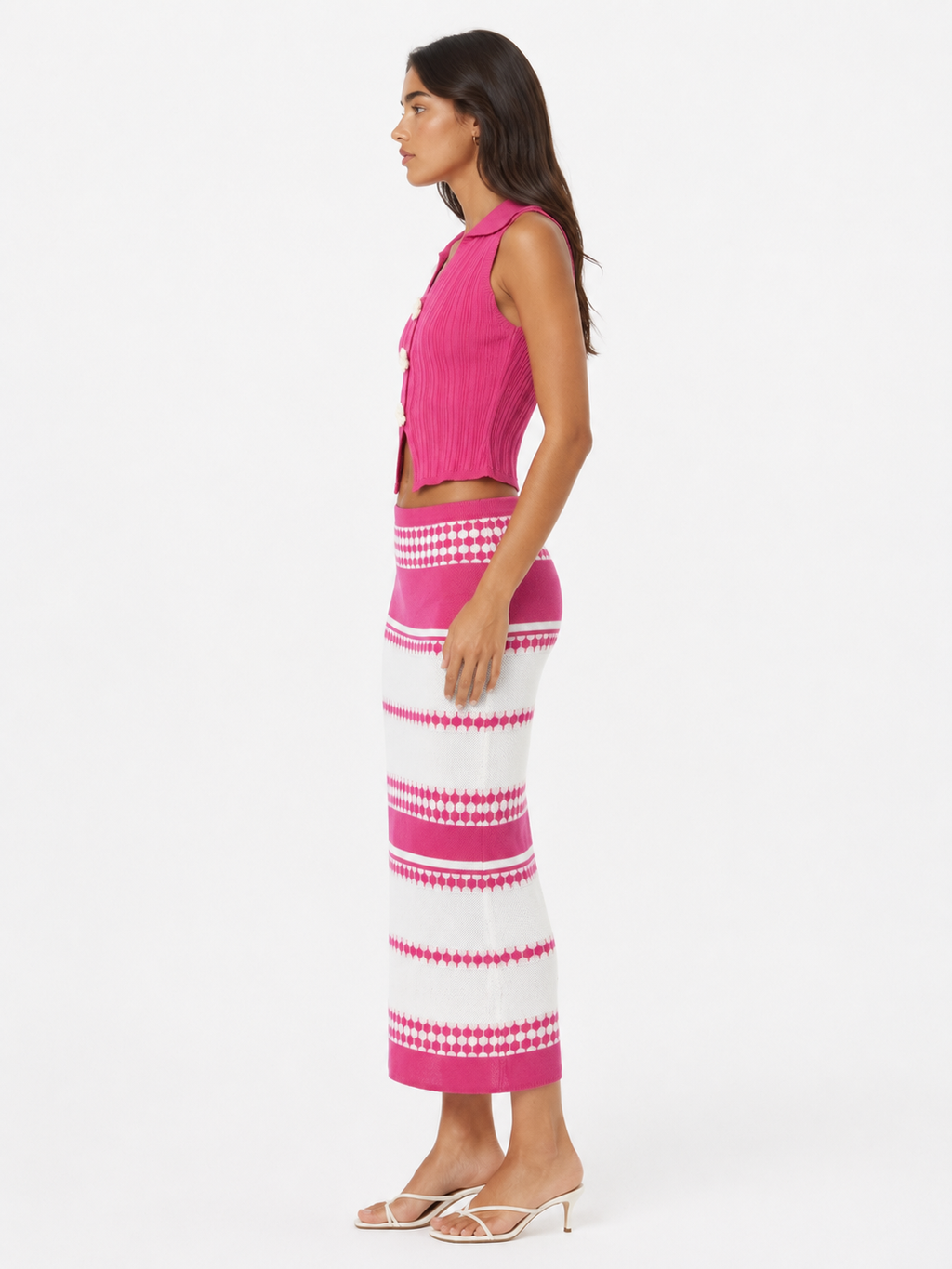 Two-Piece Set Sleeveless Top & Striped Skirt One Size - Pink