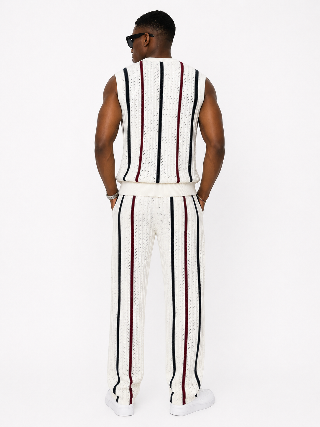 Men Open-Knit Stripe Co-Ord Set – White