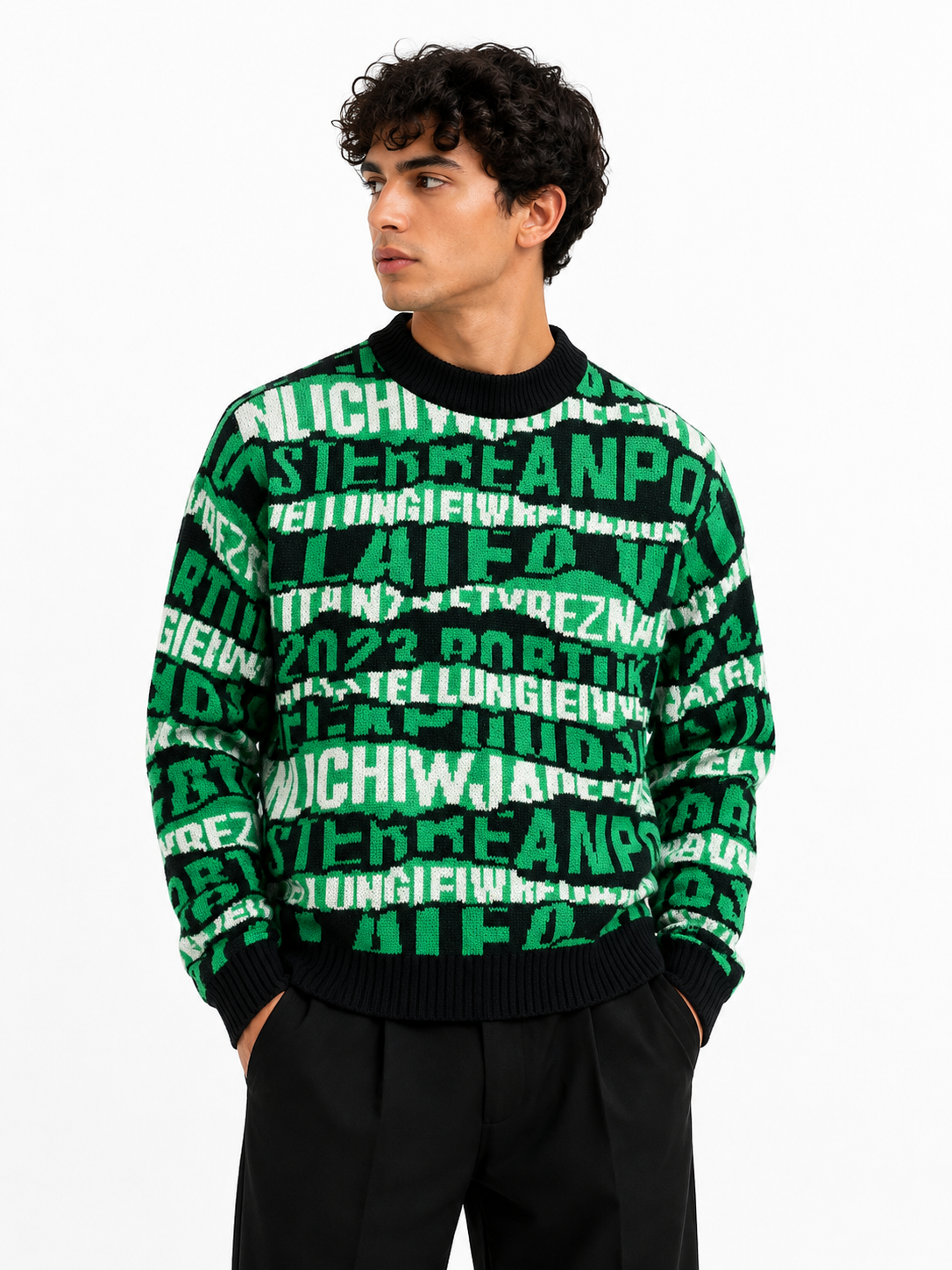 Oversized Graphic Knit Sweater in One Size Fits All - Green