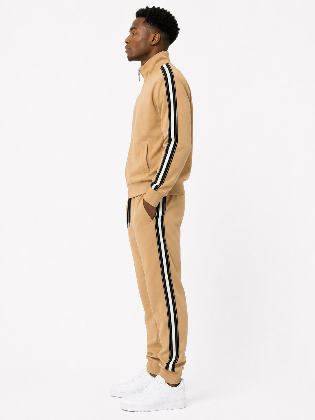 Tracksuit Set with Contrast Black and White Side Stripes - Beige