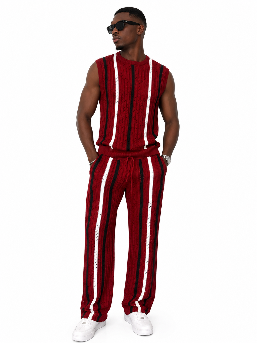 Men Open-Knit Stripe Co-Ord Set – Burgundy