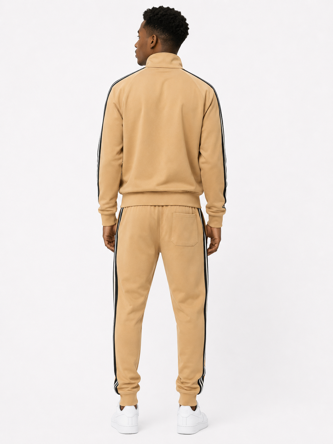 Tracksuit Set with Contrast Black and White Side Stripes - Beige