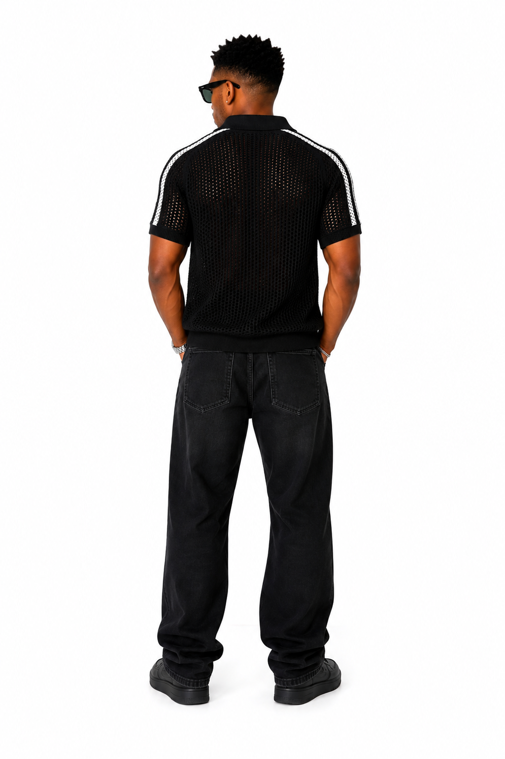 Men Open-Knit Stripe Polo Shirt – Black