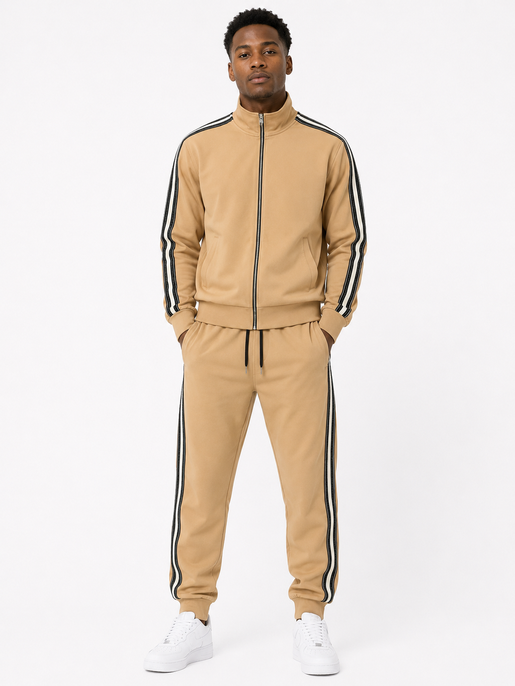 Tracksuit Set with Contrast Black and White Side Stripes - Beige