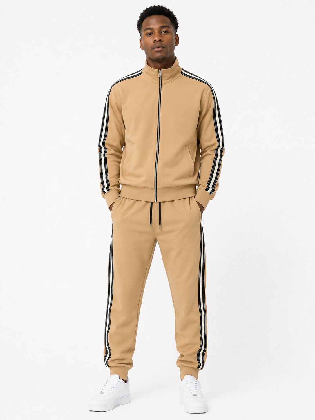 Tracksuit Set with Contrast Black and White Side Stripes - Beige