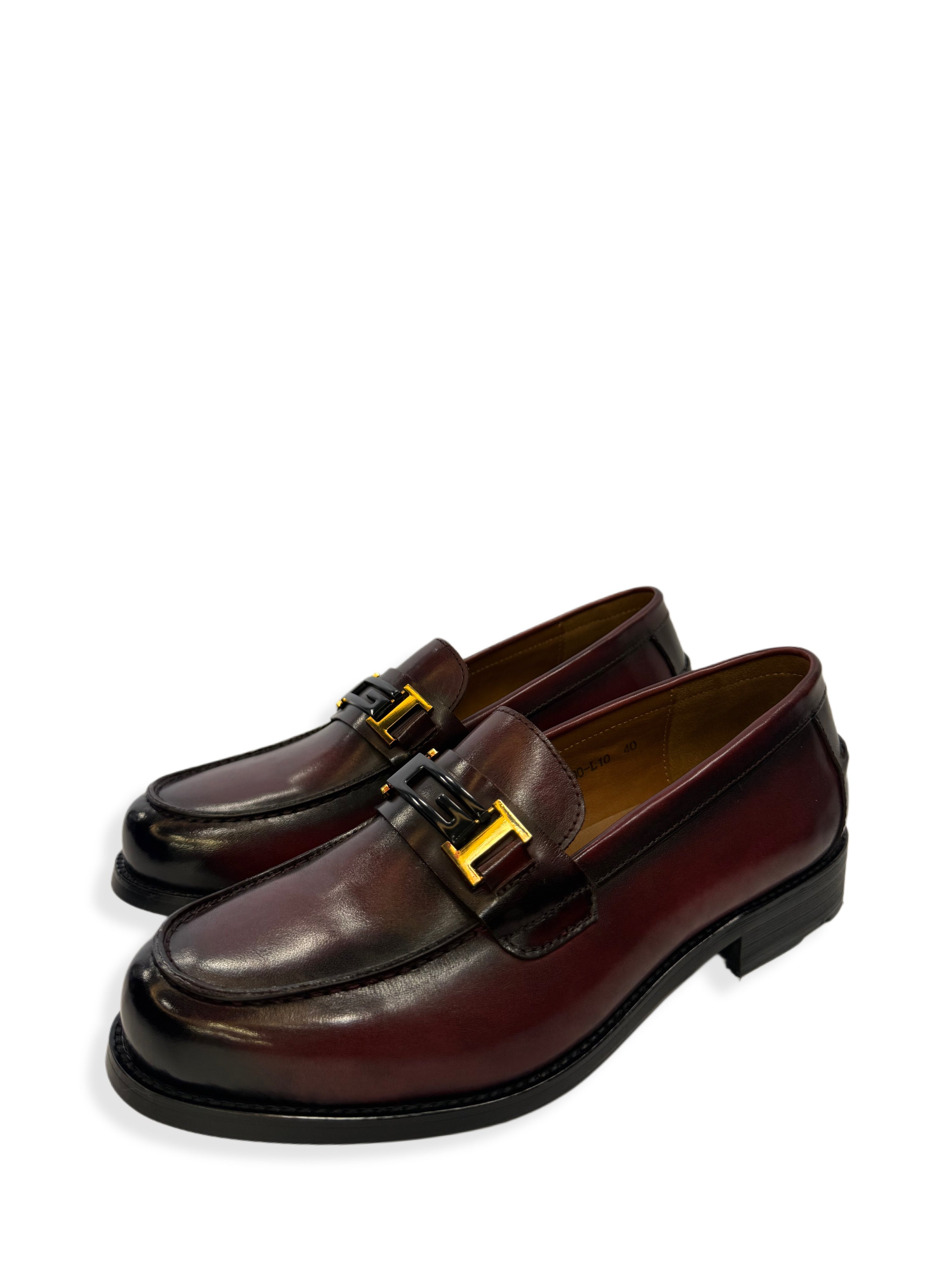 Leather Loafers with Gold Buckle - Wine