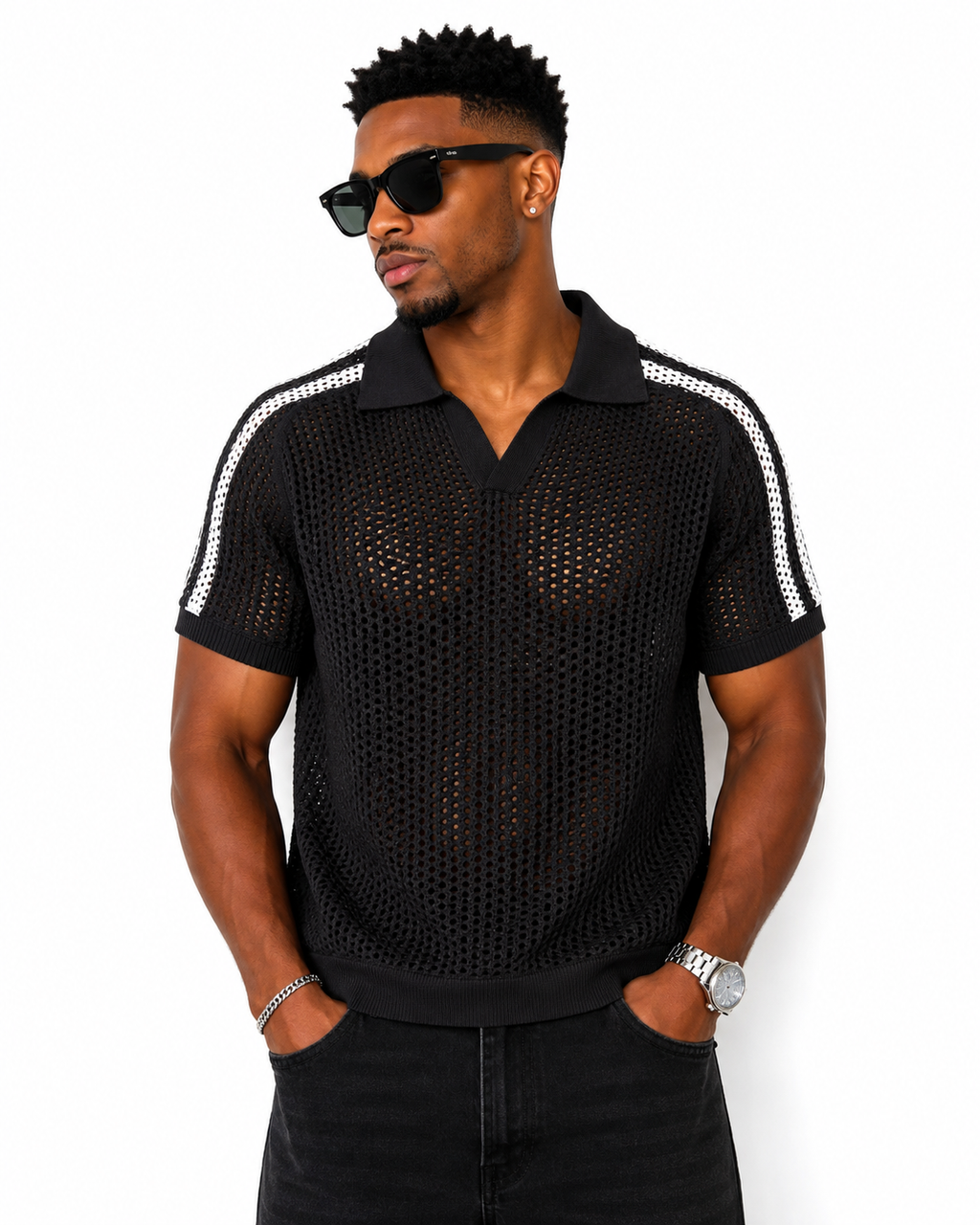 Men Open-Knit Stripe Polo Shirt – Black