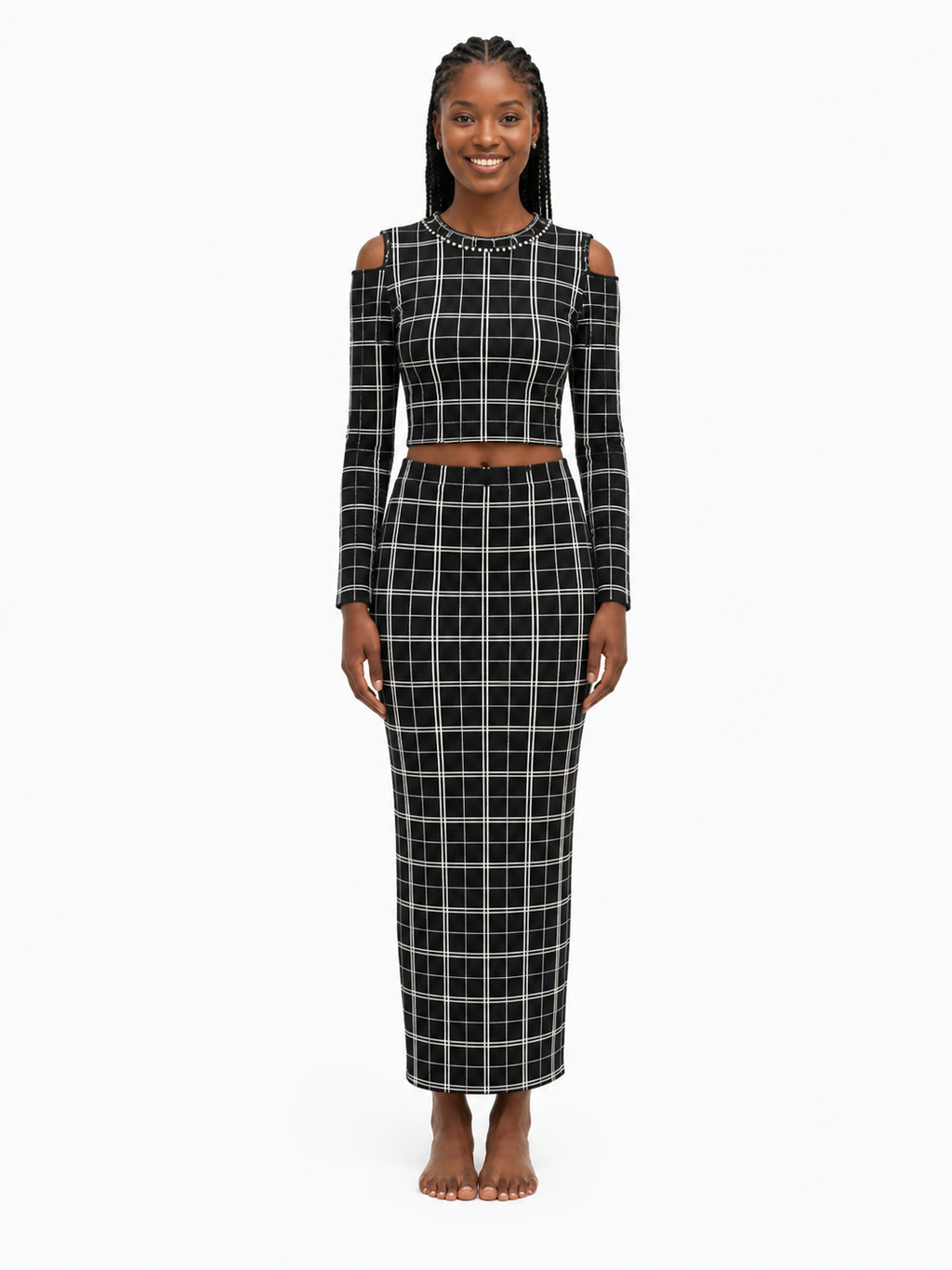 Grid Cut-Out Shoulder Co-Ord Set in One Size-Black