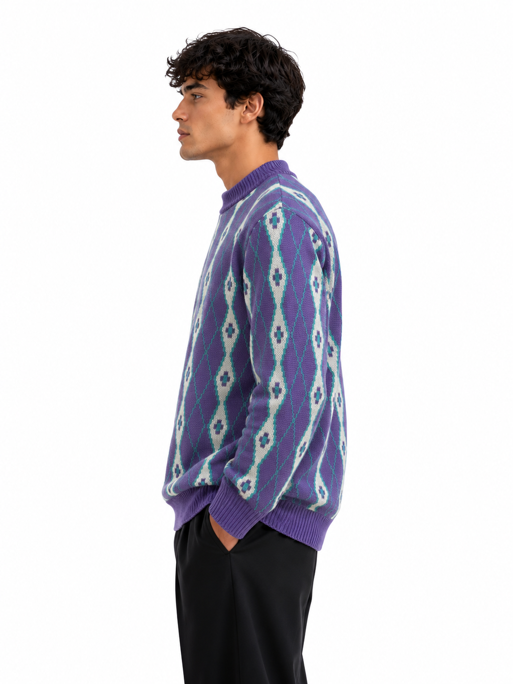 Oversized Argyle Knit Sweater in One Size Fits All -Purple