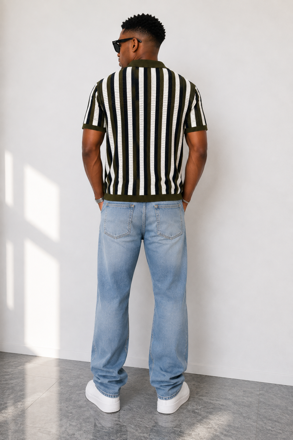 Men Open-Knit Stripe Button-Up Polo – Olive Green
