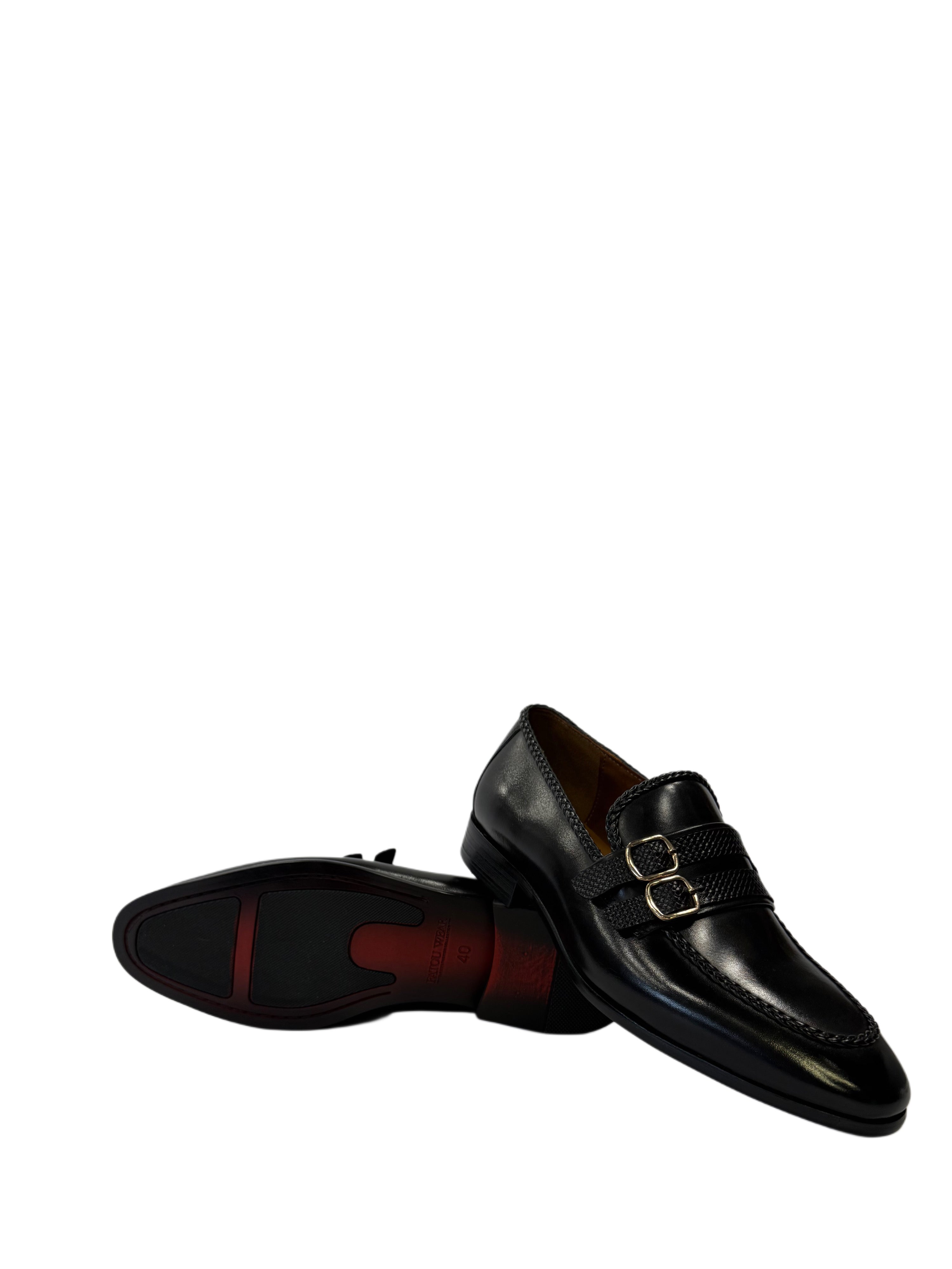 Double Monk Strap Leather Loafers - Black